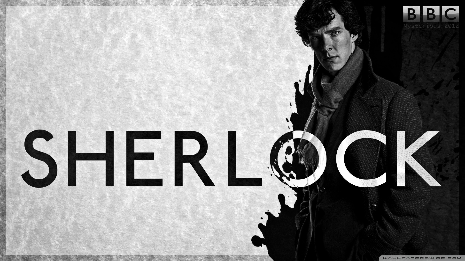 Sherlock, Benedict Cumberbatch, Sherlock Holmes, BBC, Logo, Bianco e nero, sfondo desktop Full HD