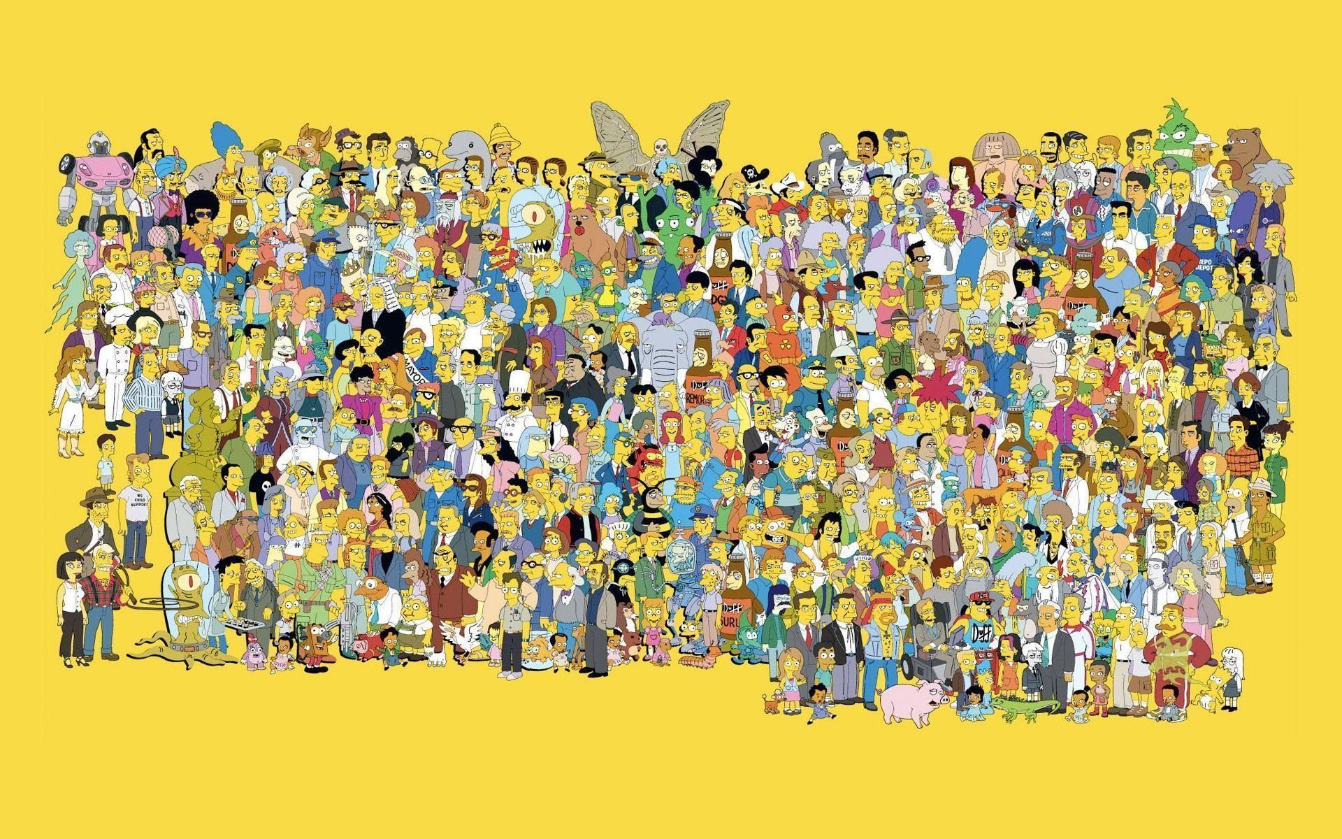 I Simpson, Personaggi di Springfield, Folla, Sfondo giallo, 16:10 Full HD, wallpaper widescreen