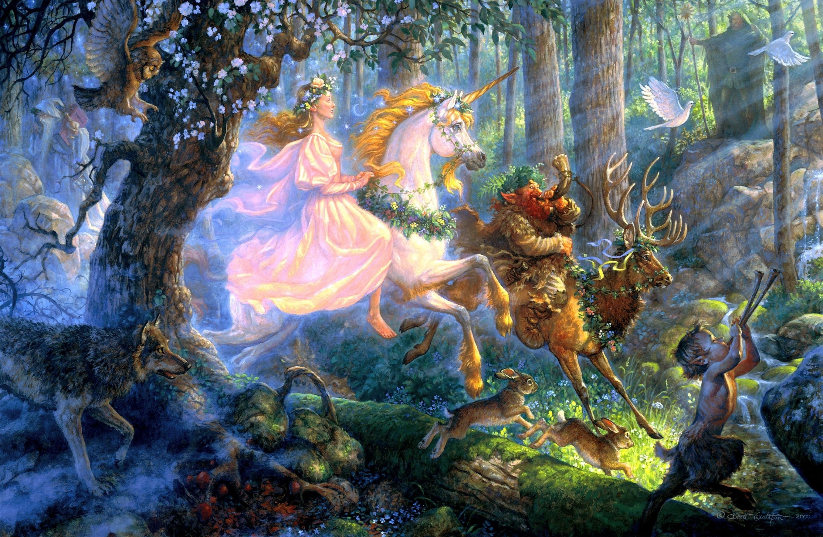 Unicorno, Fata, Foresta, Pittura fantasy, 2K, wallpaper per PC