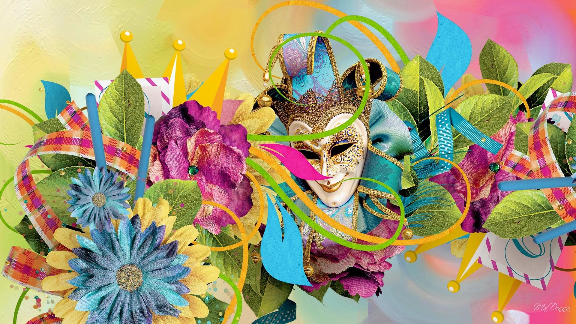 Maschera da giullare, Fiori, Nastri, Arte digitale, 16:9 Full HD, wallpaper widescreen