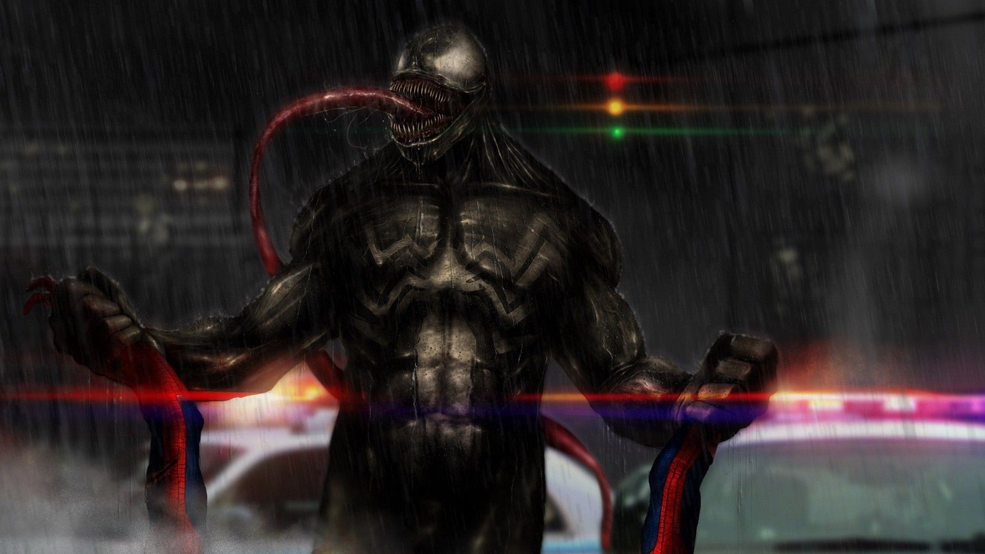 Venom, Pioggia, Luci della polizia, Notte, Full HD 1080p, sfondo desktop