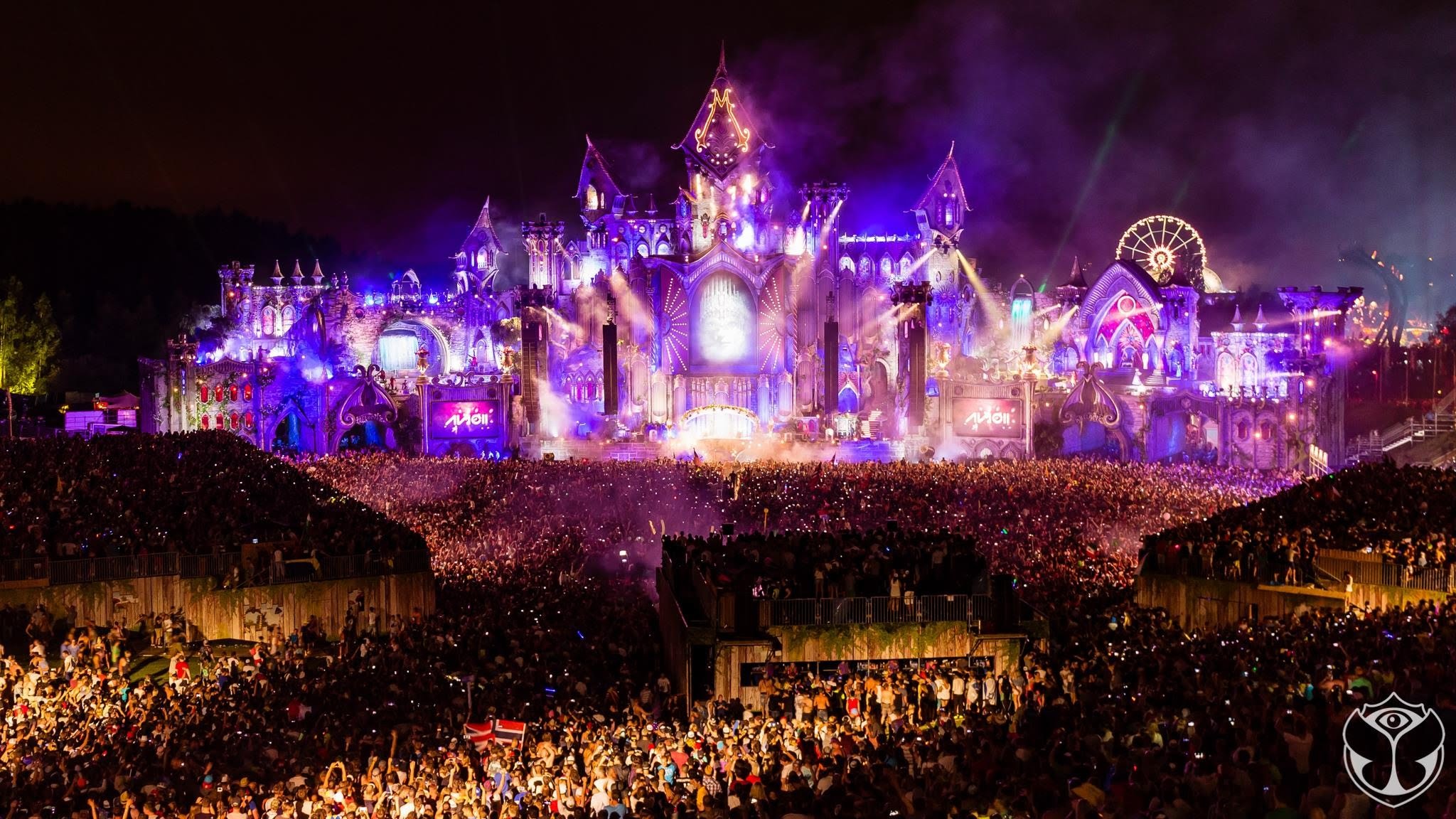 Tomorrowland, Main stage, Viola, Folla, Notte, Full HD, sfondo per portatile