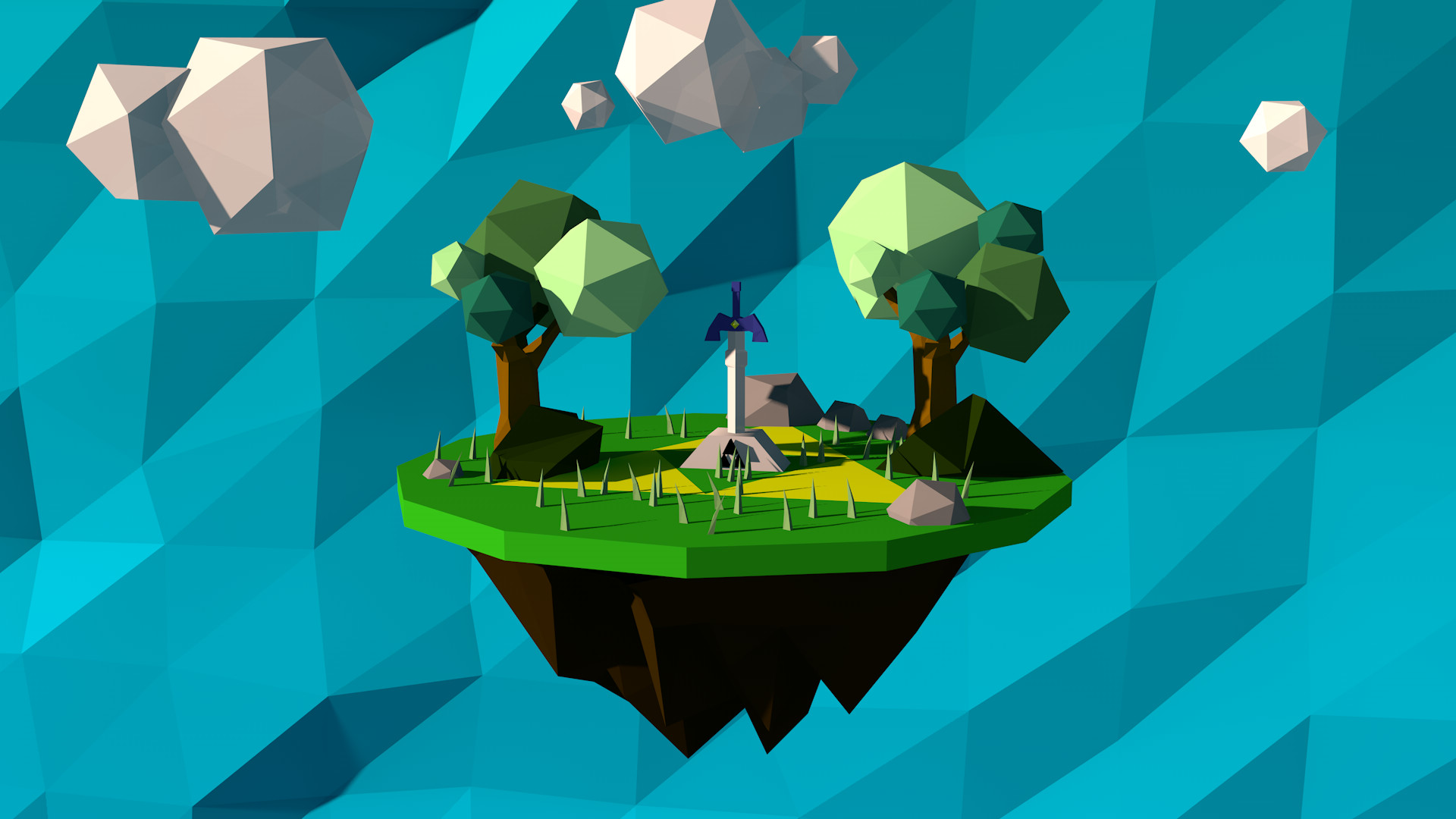 Low poly, Isola volante, Master Sword, The Legend of Zelda, Alberi, sfondo 16:9 Full HD