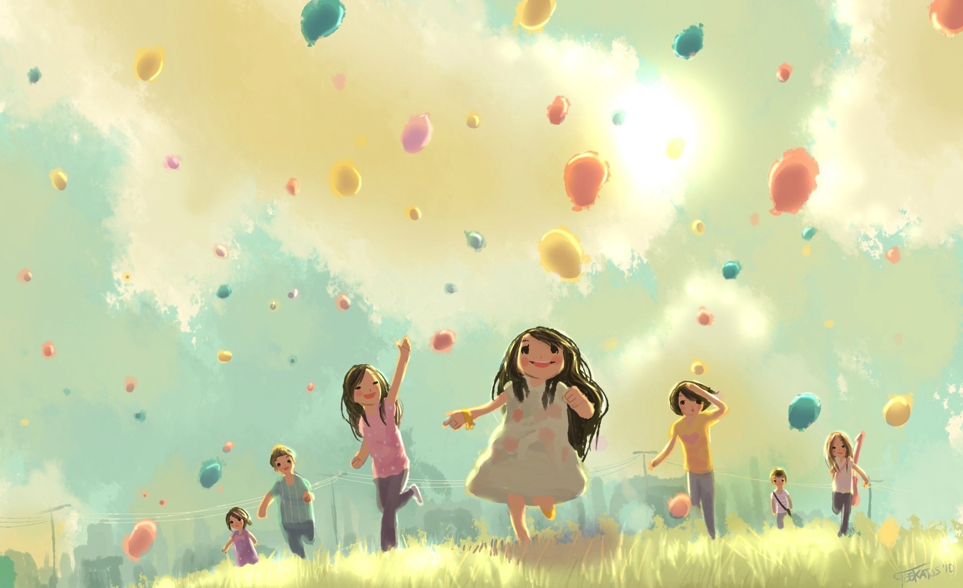 Bambini, Palloncini, Illustrazione, Pastello, Full HD, wallpaper per PC