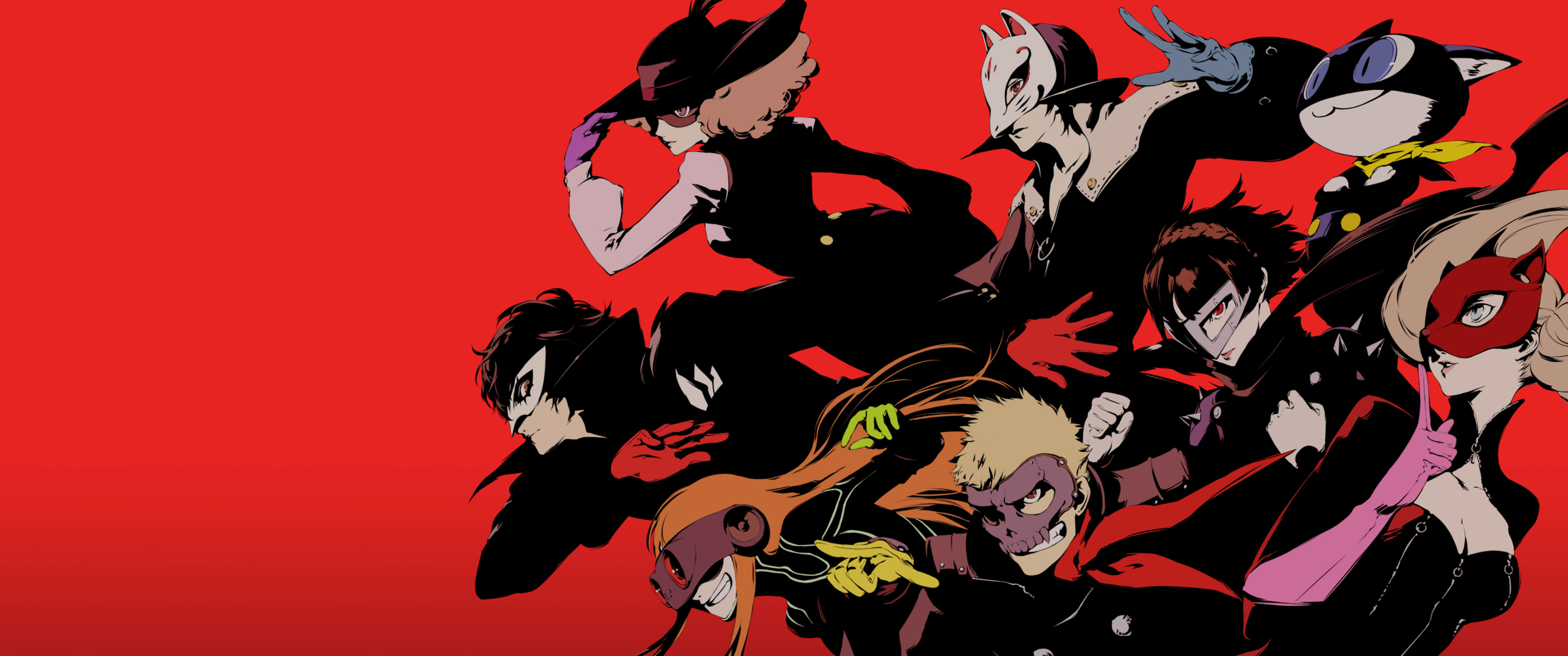 Phantom Thieves, Persona 5, Maschere, Sfondo rosso, 21:9 2K, wallpaper widescreen