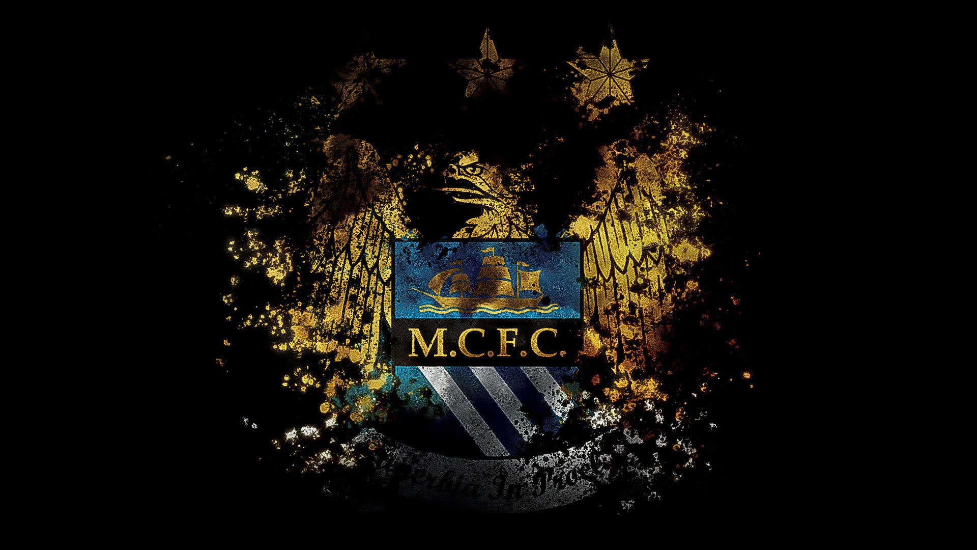 Manchester City, Stemma, Oro, Sfondo nero, Full HD, wallpaper per PC