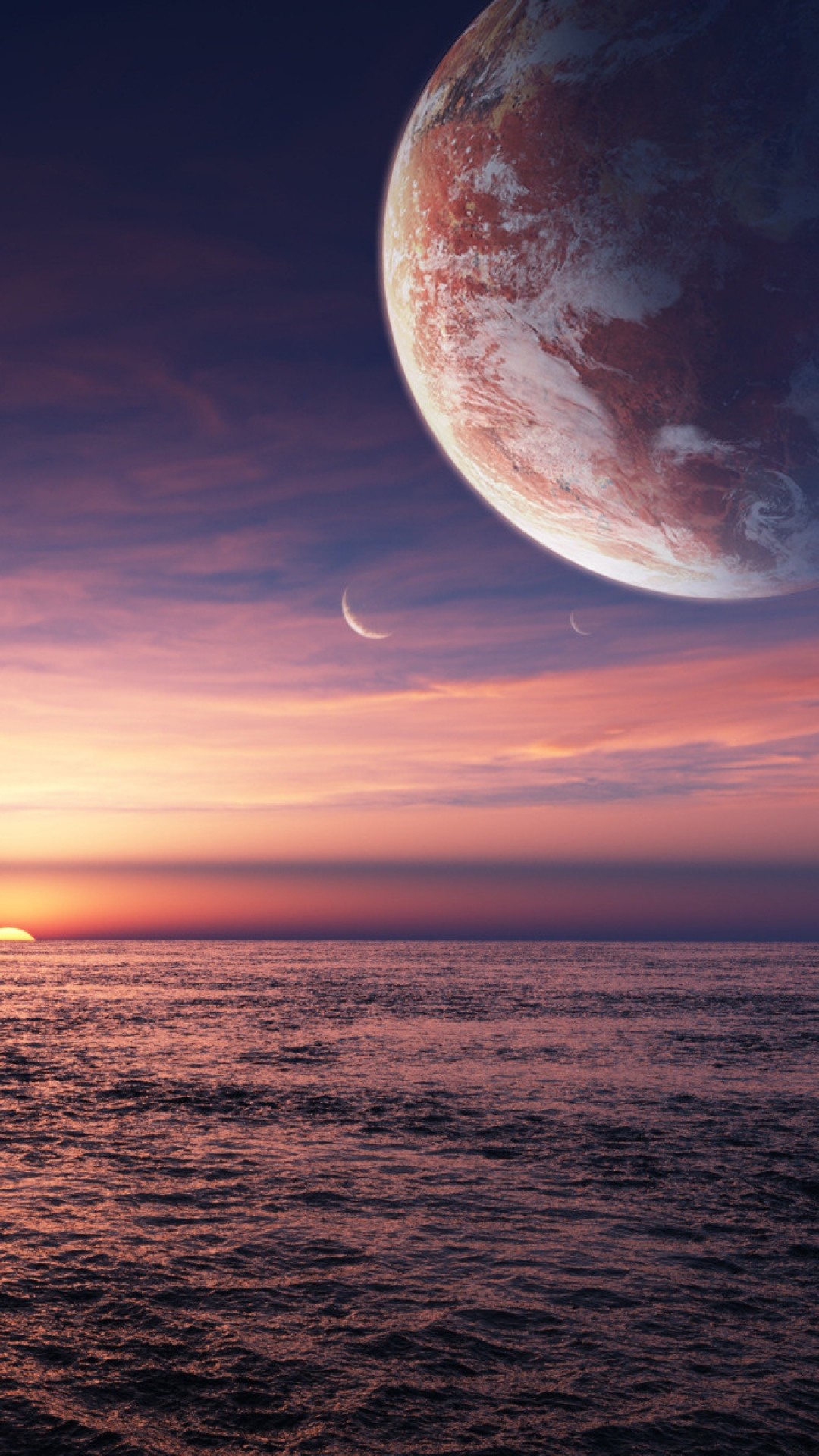 Pianeta, Luna, Tramonto, Mare, Fantascienza, Full HD, sfondo per iPhone e Android