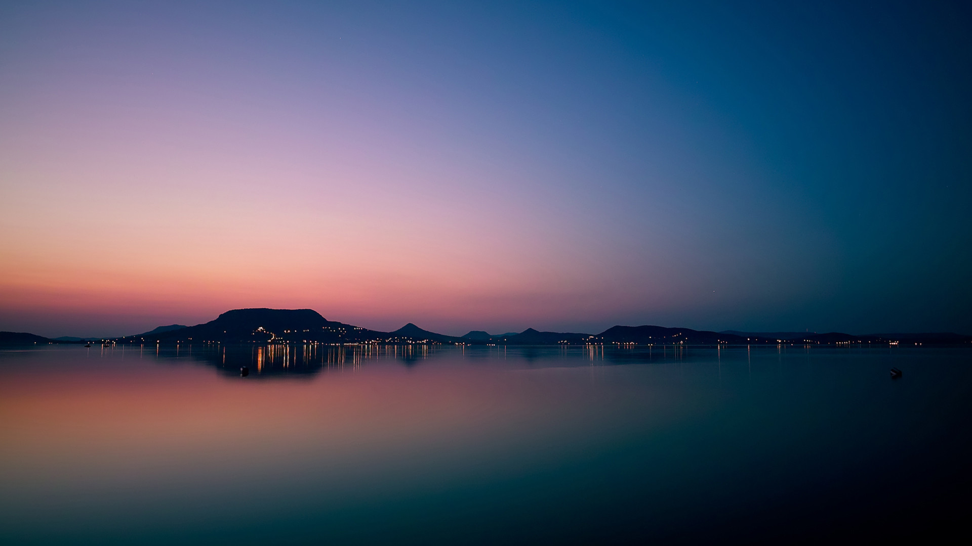 Lago, Crepuscolo, Riflesso, Rosa, 16:9 Full HD, sfondo widescreen