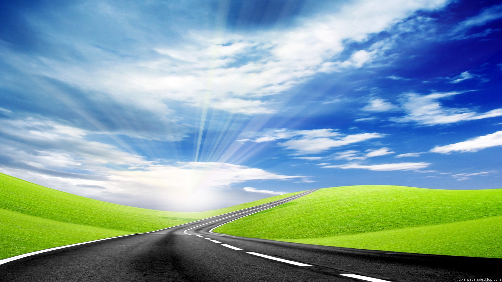 Strada, Colline verdi, Raggi di sole, Cielo azzurro, Full HD, wallpaper desktop