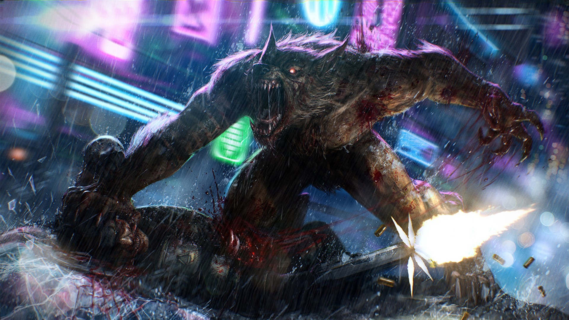 Lupo mannaro, Cyberpunk, Sparatoria, Neon, 16:9 Full HD, sfondo widescreen