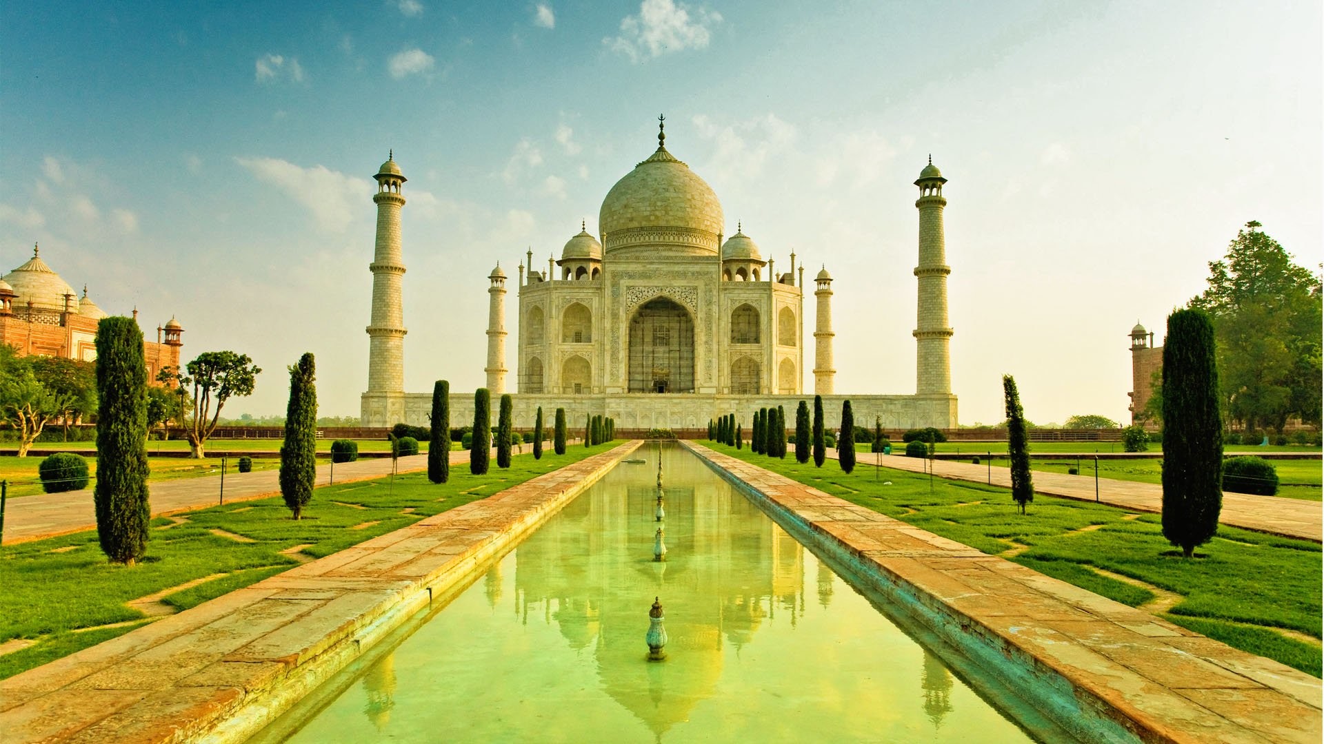 Taj Mahal, Agra, India, Giardini, Vasca riflettente, Full HD, sfondo per portatile