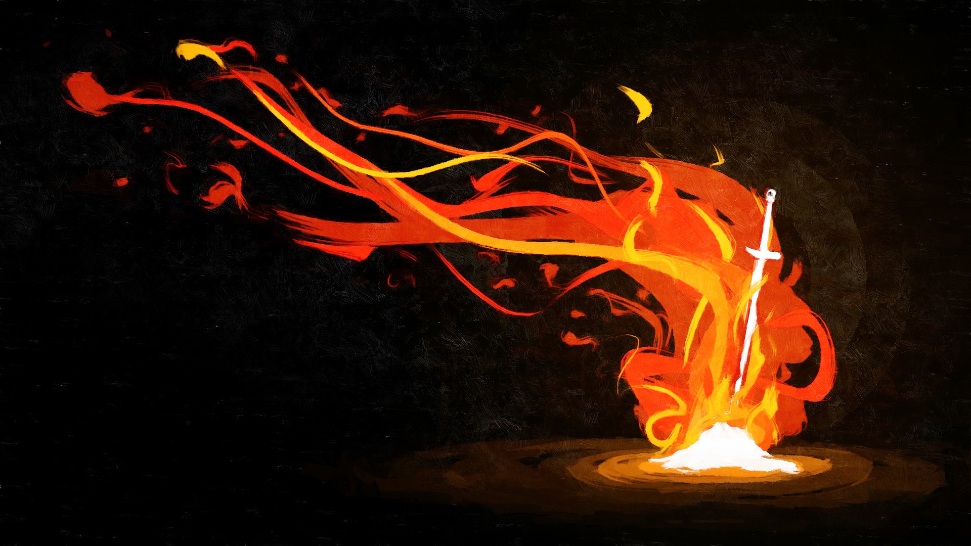 Dark Souls, Falò, Spada, Fiamme, Sfondo scuro, 16:9 Full HD, wallpaper widescreen