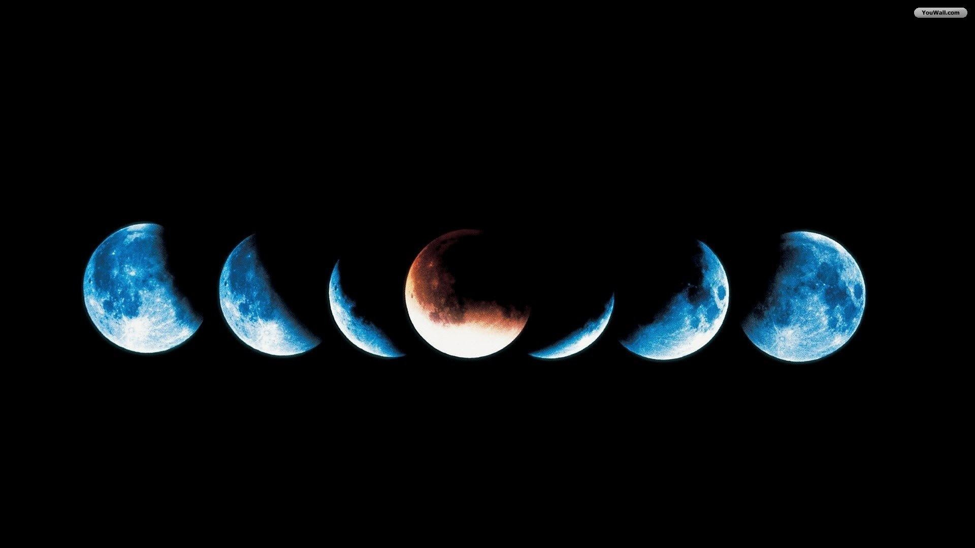Eclissi lunare, Fasi lunari, Luna, Sfondo nero, 16:9 Full HD, wallpaper widescreen