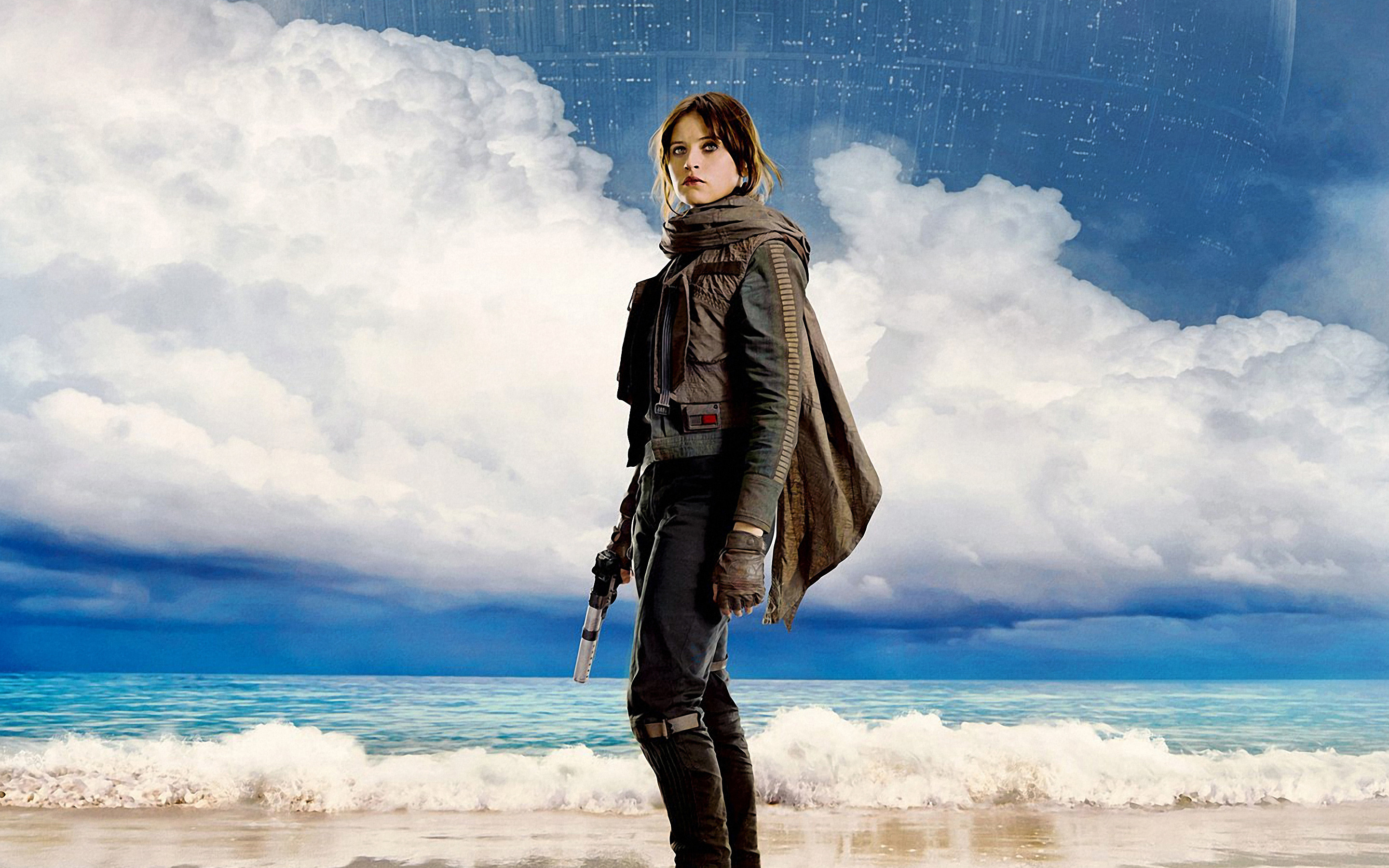 Jyn Erso, Felicity Jones, Rogue One: A Star Wars Story, Spiaggia, Nuvole, sfondo MacBook Air