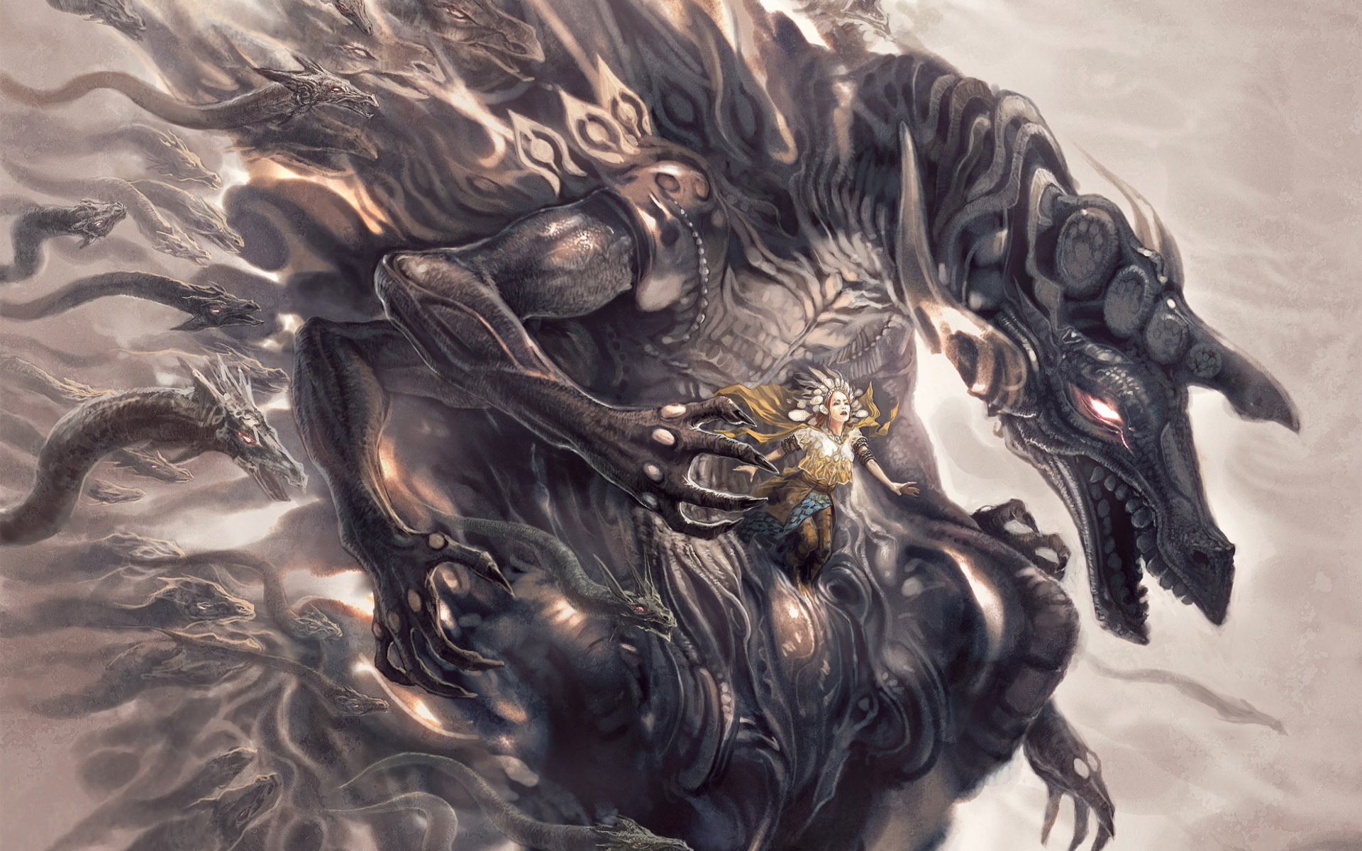 Drago a più teste, Guerriero, Arte fantasy, Grigio, 1920x1200, sfondo per PC