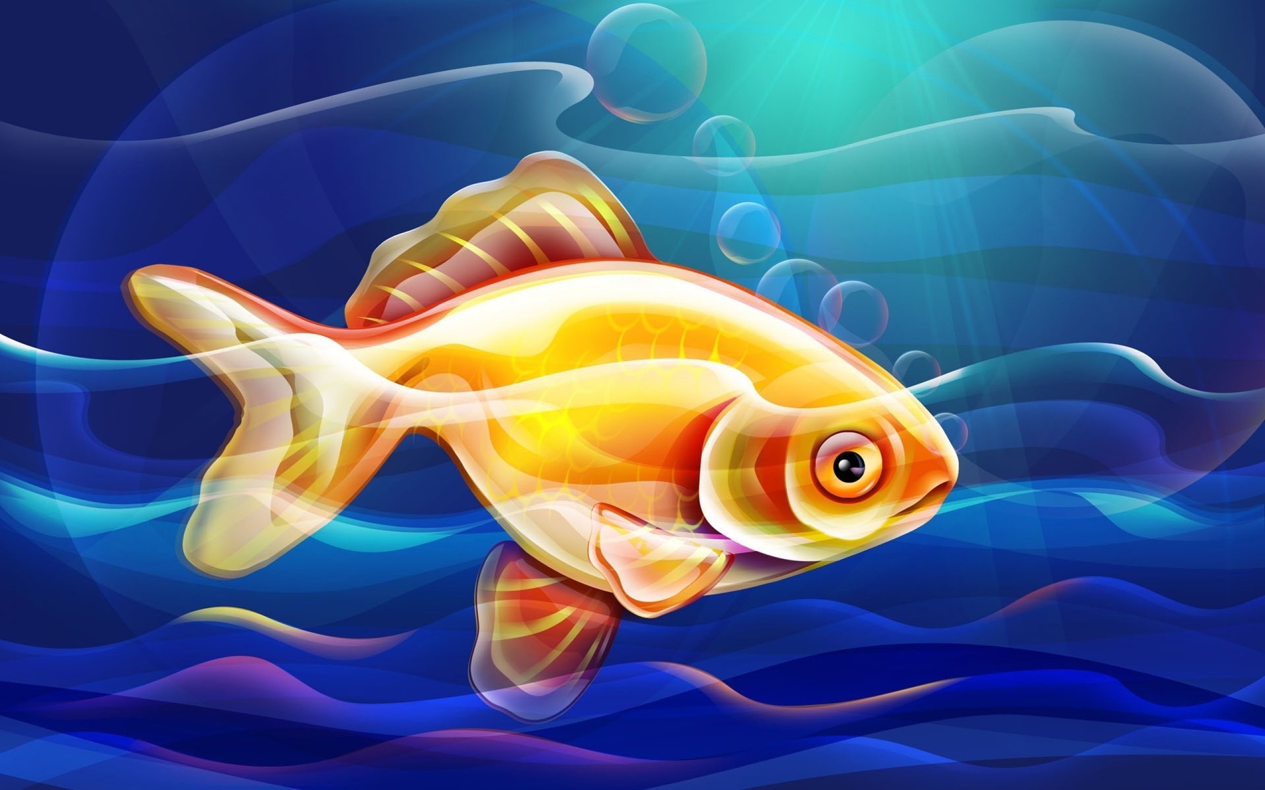 Pesce rosso, Bolle, Onde, Illustrazione, Blu, 2560x1600, sfondo MacBook Pro