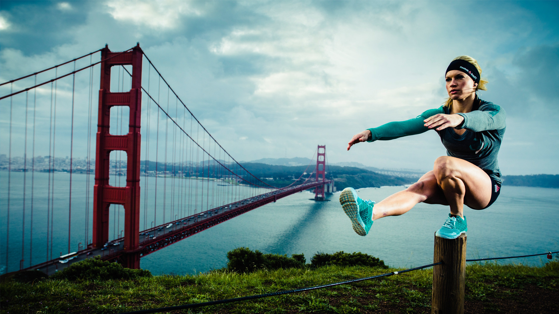 Golden Gate Bridge, San Francisco, Atleta, Salto, 16:9 Full HD, sfondo widescreen
