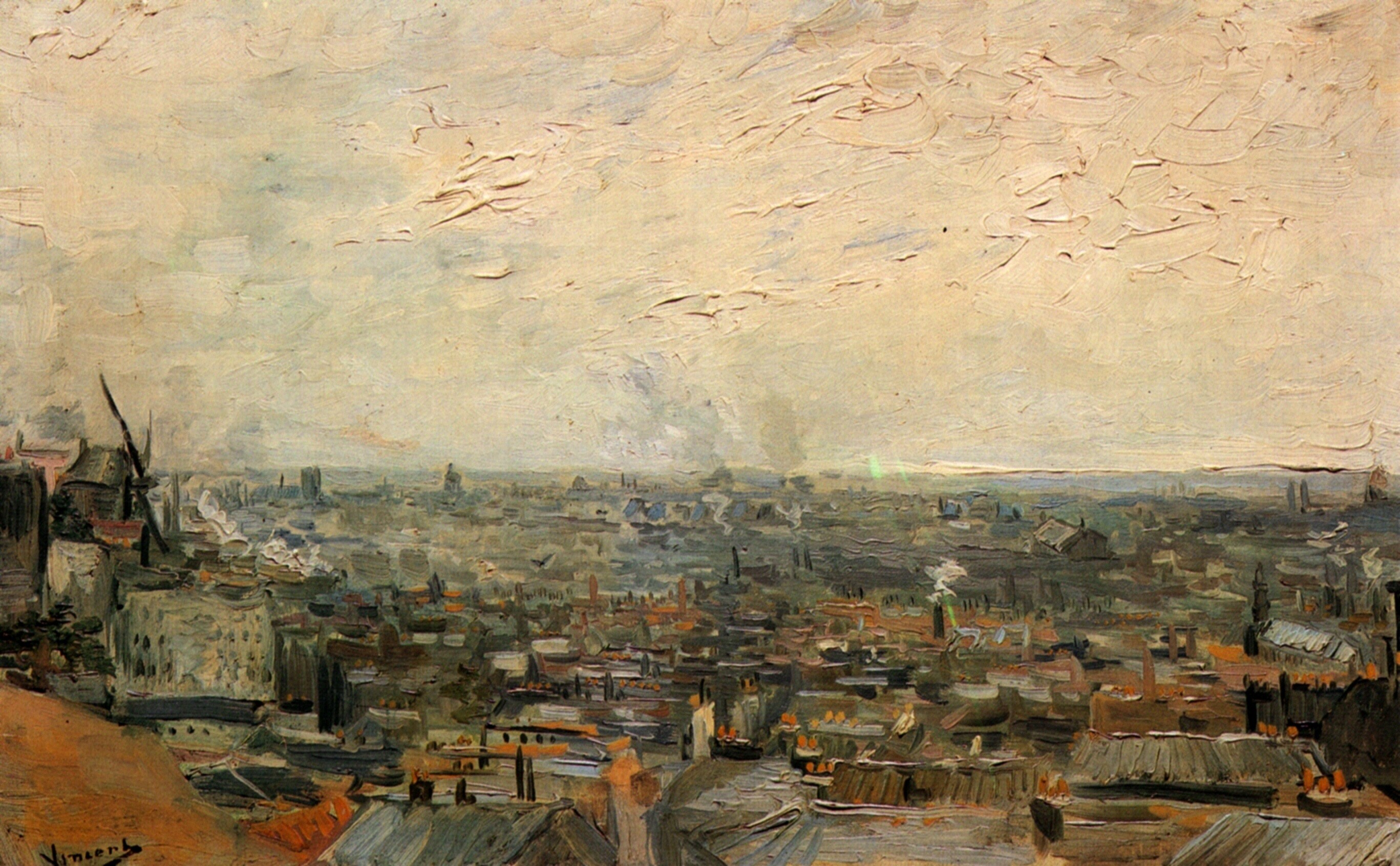 Veduta di Parigi da Montmartre, Vincent van Gogh, Parigi, Tetti, Paesaggio urbano, sfondo 2K
