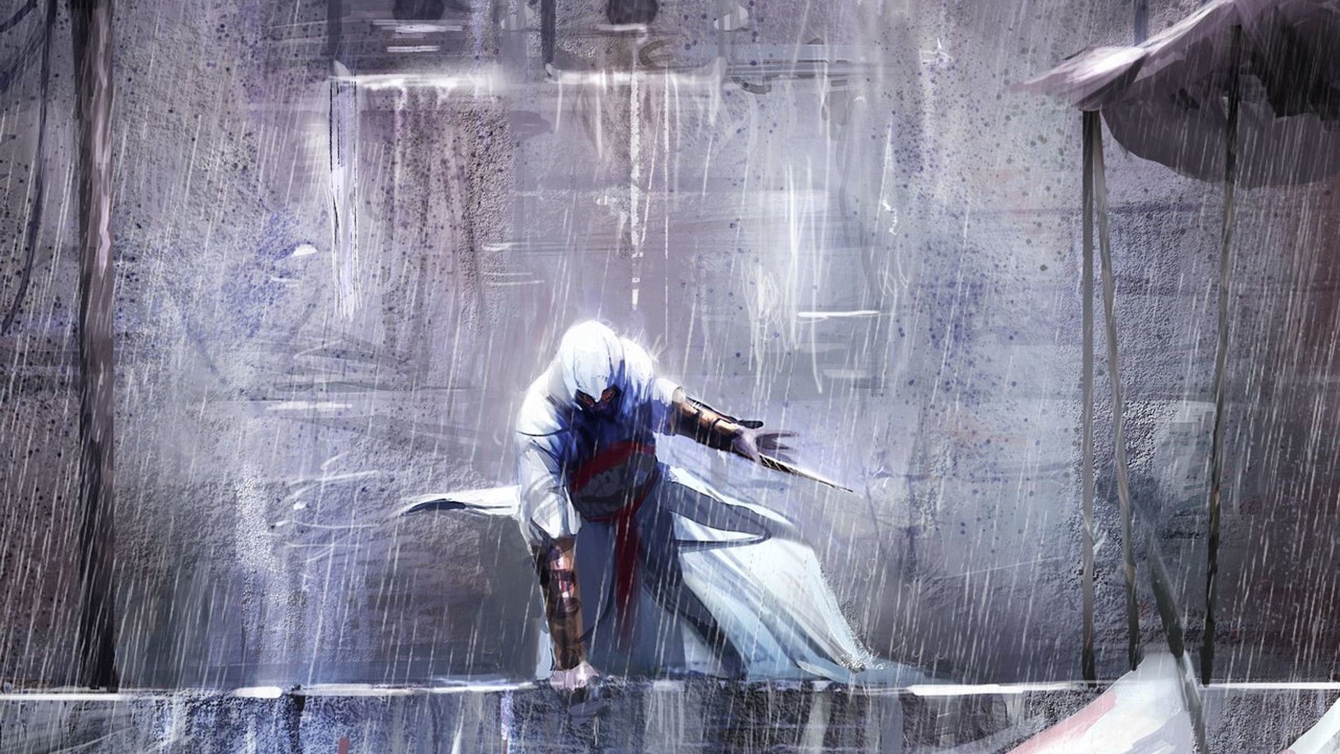 Altaïr Ibn-La'Ahad, Assassin's Creed, Pioggia, Tetto, 16:9 Full HD, sfondo widescreen