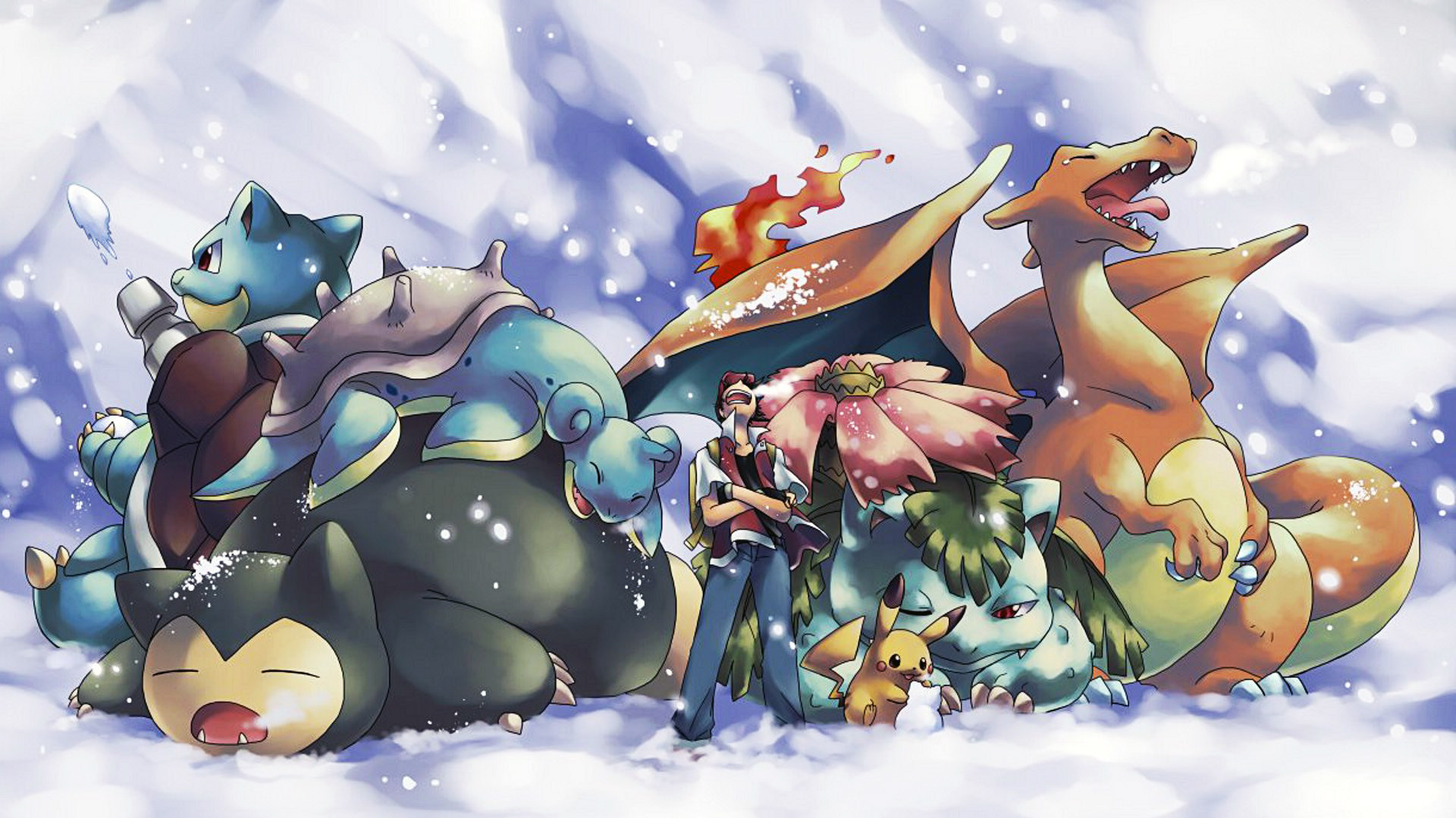 Snorlax, Blastoise, Venusaur, Charizard, Rosso, Pokémon, Neve, Full HD, wallpaper desktop