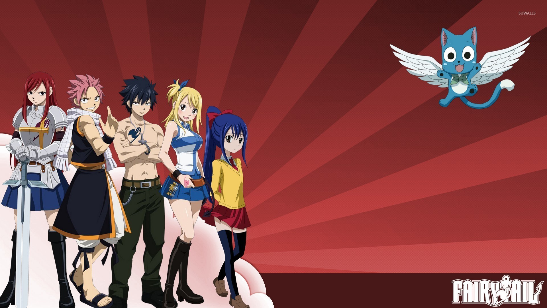 Fairy Tail, Erza Scarlet, Natsu Dragneel, Gray Fullbuster, Lucy Heartfilia, Wendy Marvell, Happy, wallpaper Full HD