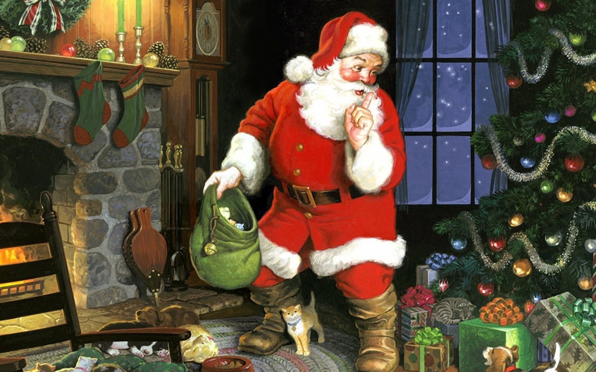 Babbo Natale, Camino, Calze, Albero di Natale, Regali, Notte di Natale, sfondo 1920x1200 per PC