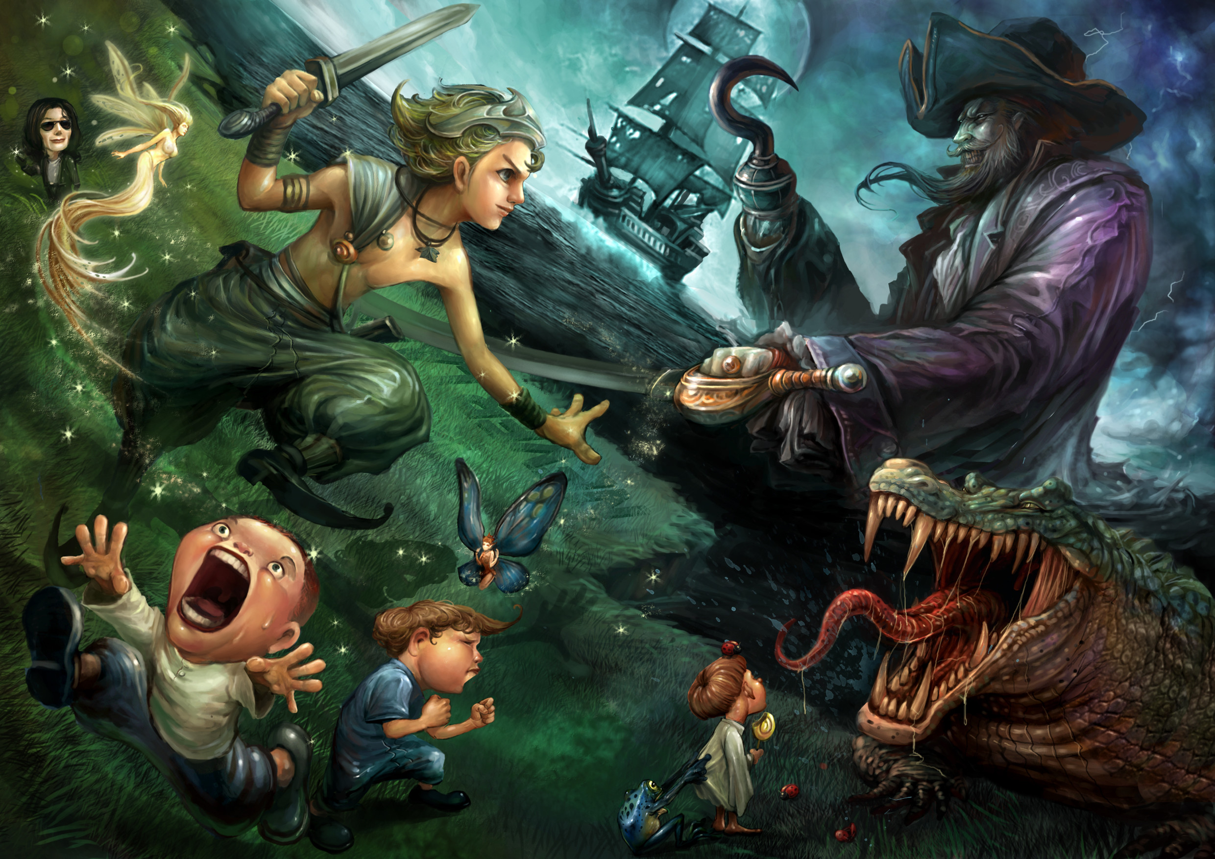 Peter Pan, Capitan Uncino, Coccodrillo, Illustrazione, Full HD, sfondo Windows 11