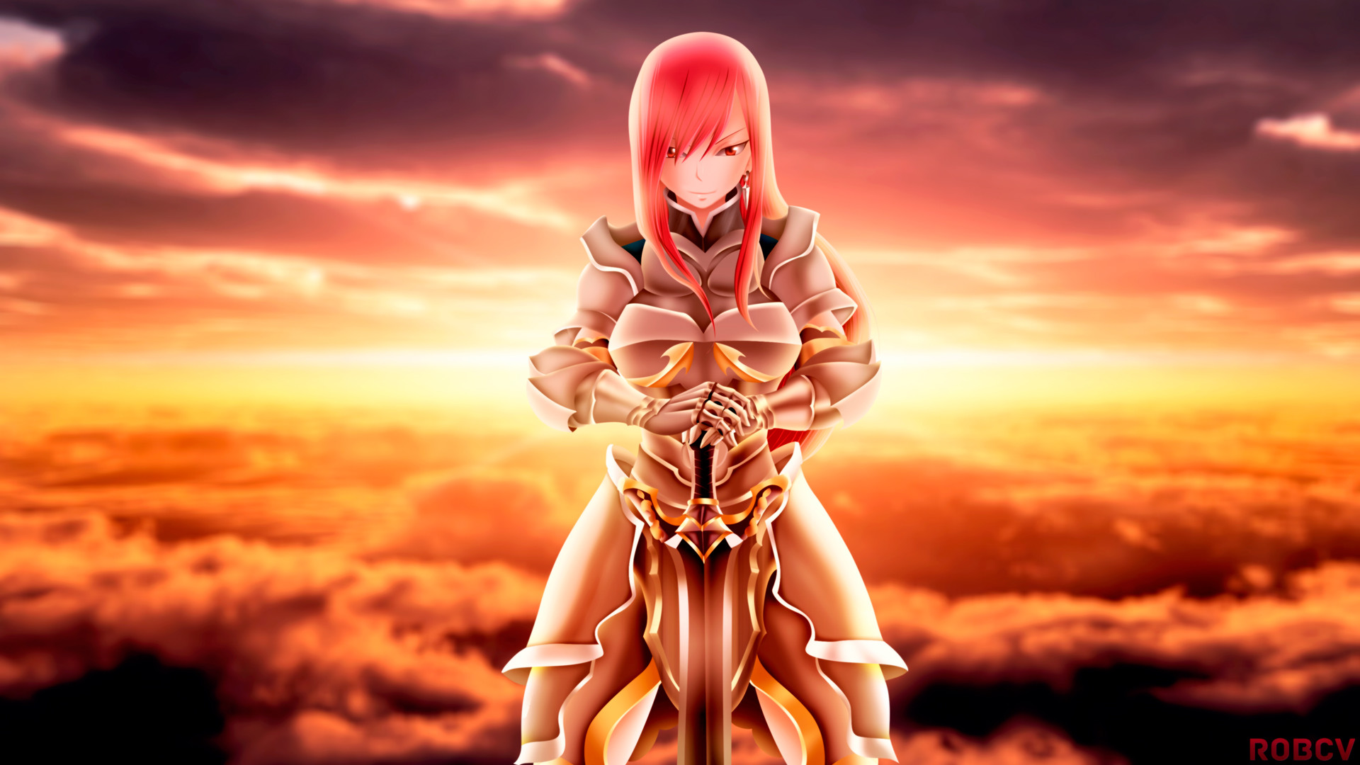 Erza Scarlet, Fairy Tail, Armatura, Tramonto, Nuvole, 16:9 Full HD, wallpaper widescreen