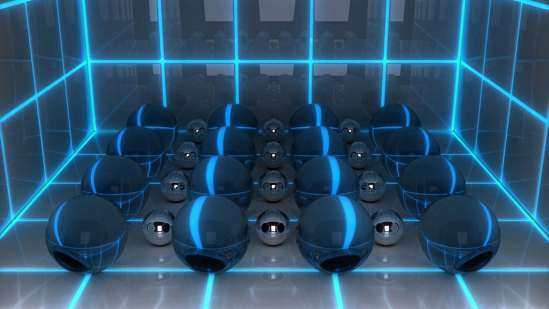 Sfere, Stanza neon, Blu, Rendering 3D, Full HD 1080p, sfondo desktop