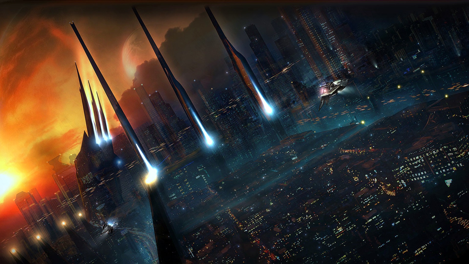 Meteore, Città, Notte, Fantascienza, Full HD, sfondo per PC