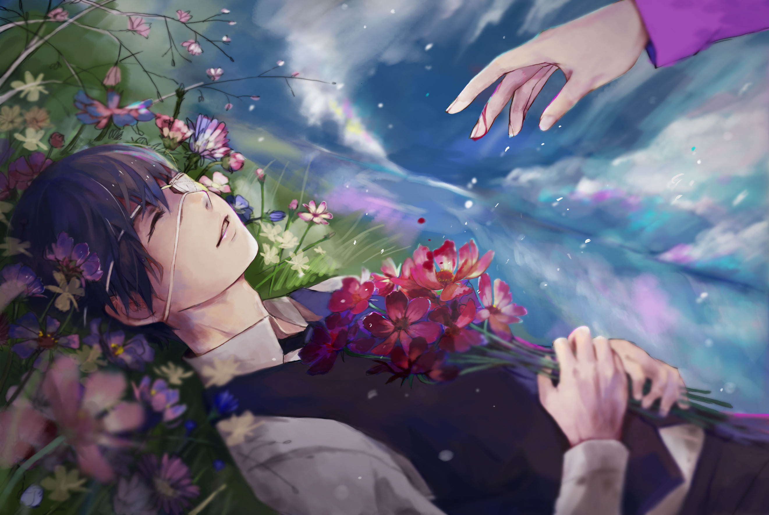 Ken Kaneki, Tokyo Ghoul, Fiori, Cielo, 2K, sfondo per PC
