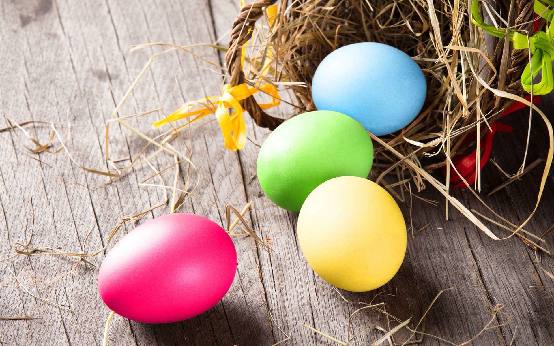 Uova di Pasqua, Nido, Legno rustico, Paglia, Full HD, sfondo per PC e portatile
