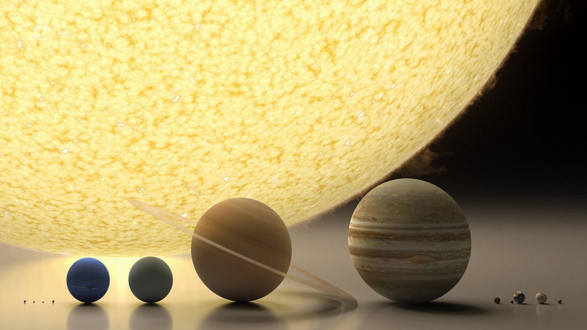 Sistema solare, Sole, Giove, Saturno, Pianeti in scala, Rendering 3D, sfondo 1920x1080 per PC