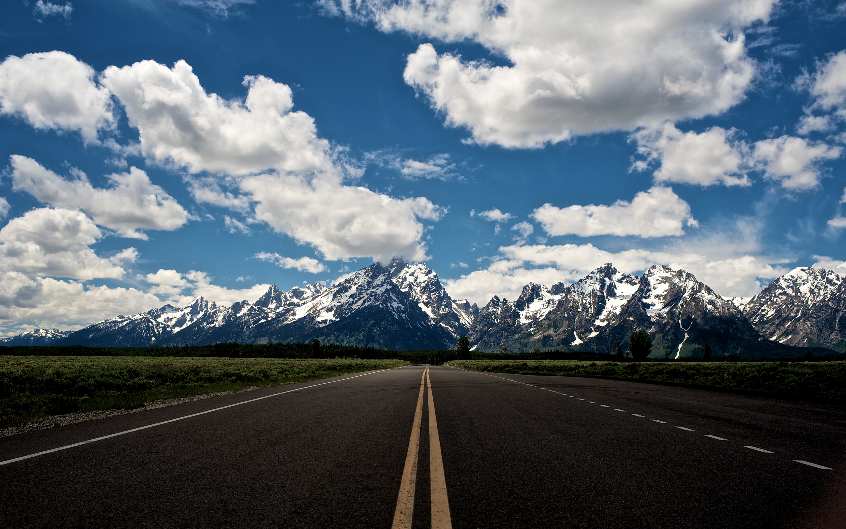 Grand Teton, Strada, Montagne innevate, Nuvole, 2K, sfondo per PC e portatile