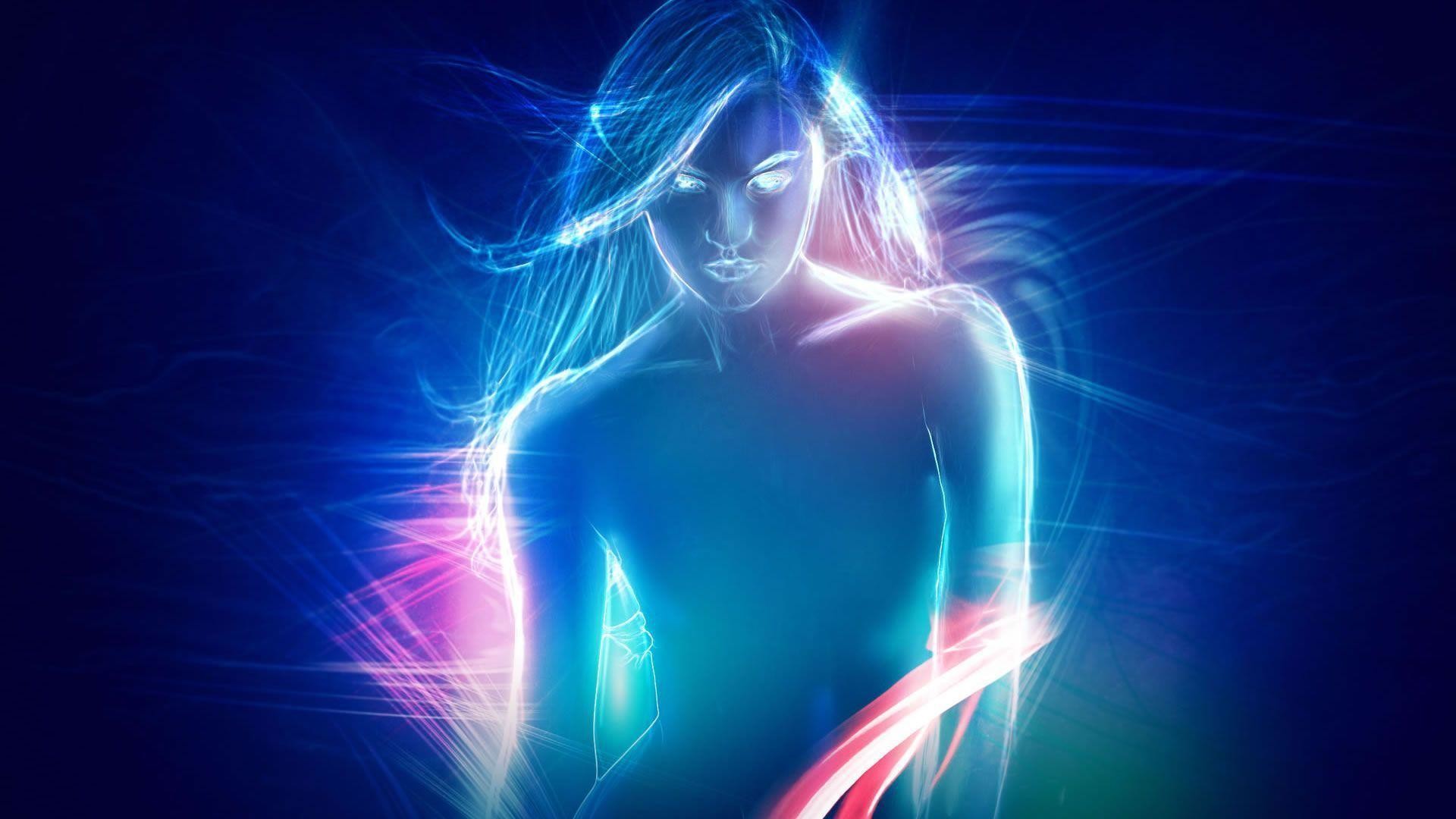 Donna luminosa, Arte digitale, Neon, Blu, Full HD, sfondo desktop