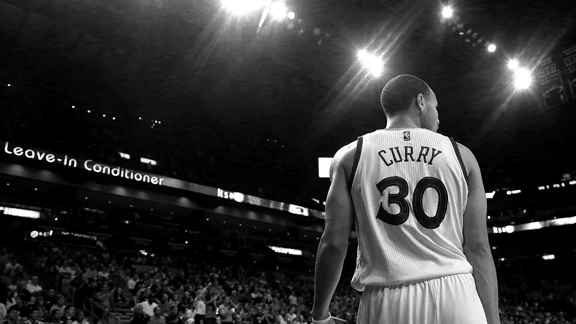 Stephen Curry, Golden State Warriors, Numero 30, Arena, Bianco e nero, sfondo 16:9 Full HD