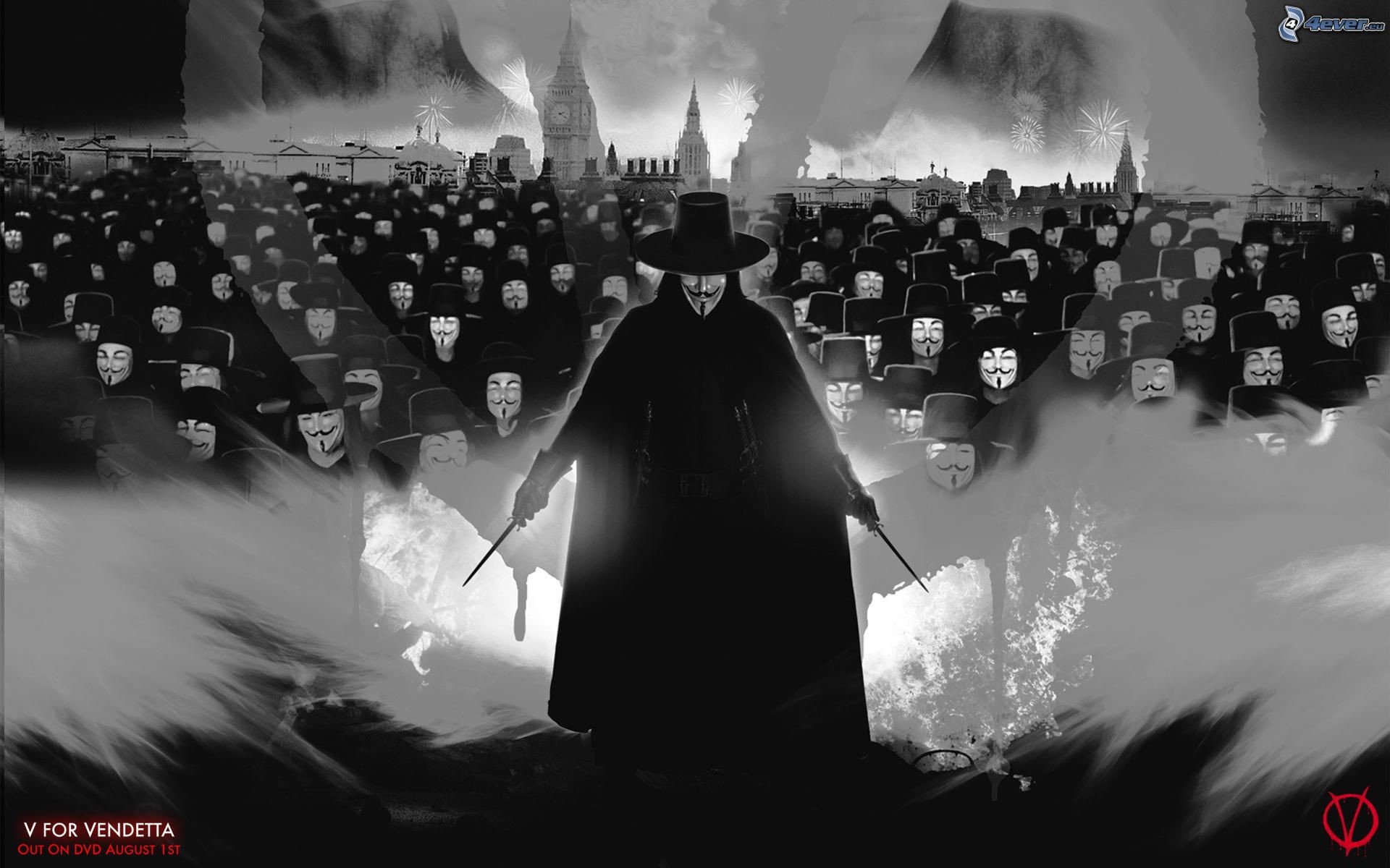 V per Vendetta, V, Folla mascherata, Londra, Bianco e nero, Full HD, sfondo per PC e portatile