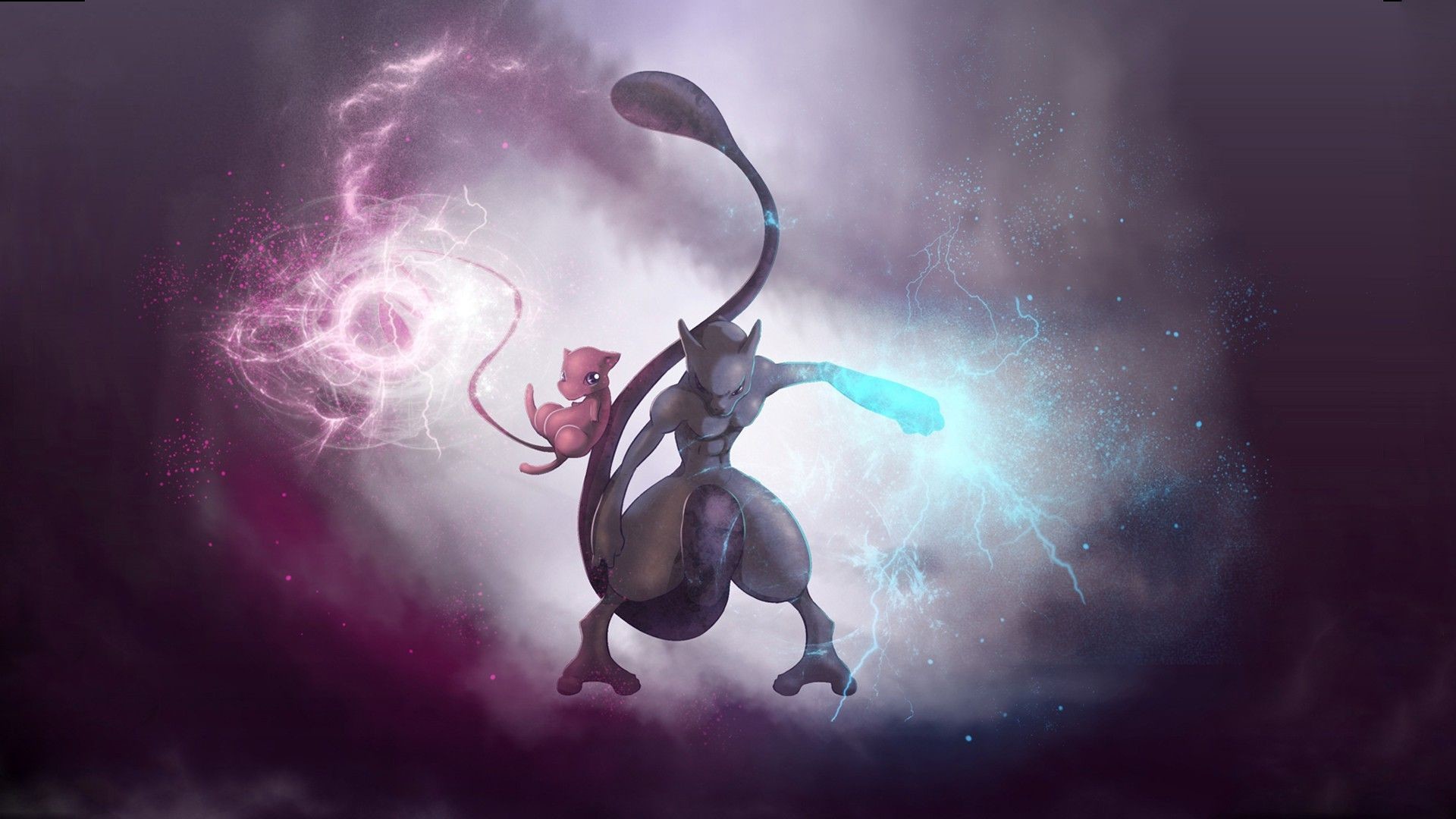 Mewtwo, Mew, Pokémon, Energia, Viola, 16:9 Full HD, sfondo widescreen