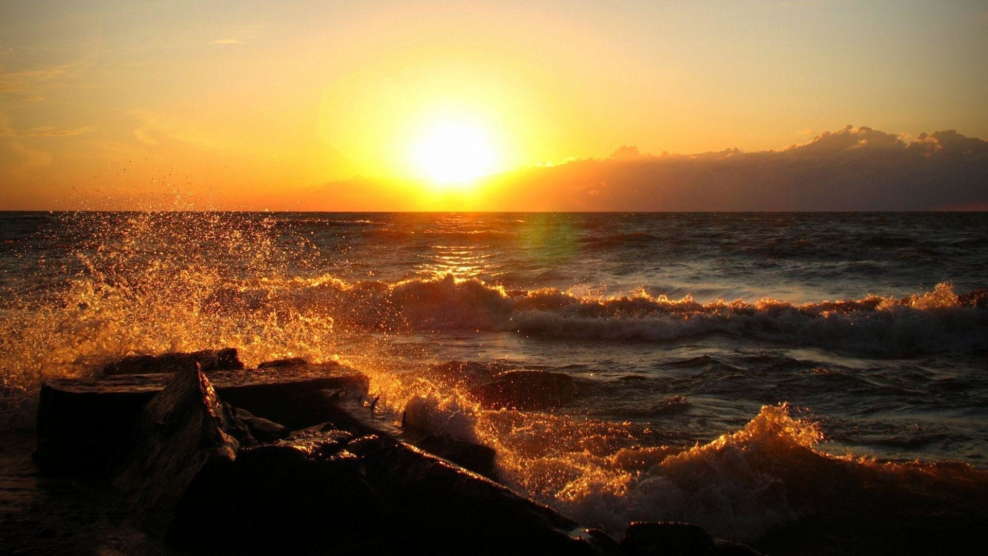 Onde, Scogli, Tramonto sul mare, Sole, Spruzzi, Full HD, sfondo desktop