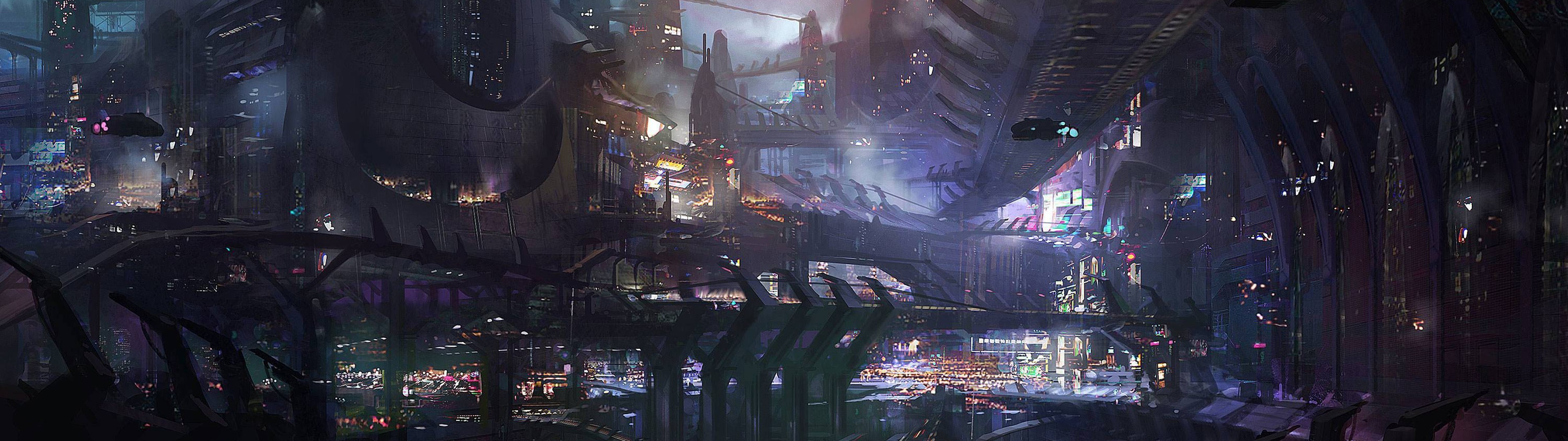 Città futuristica, Notte, Panorama, Fantascienza, 3840x1080, sfondo per PC