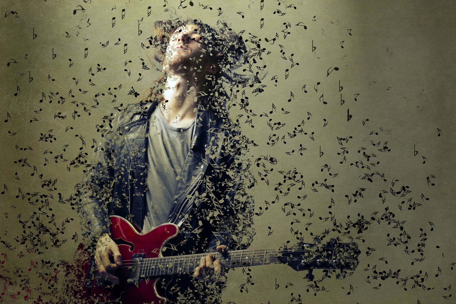 Chitarrista, Dispersione, Chitarra rossa, Arte digitale, Full HD, sfondo per portatile