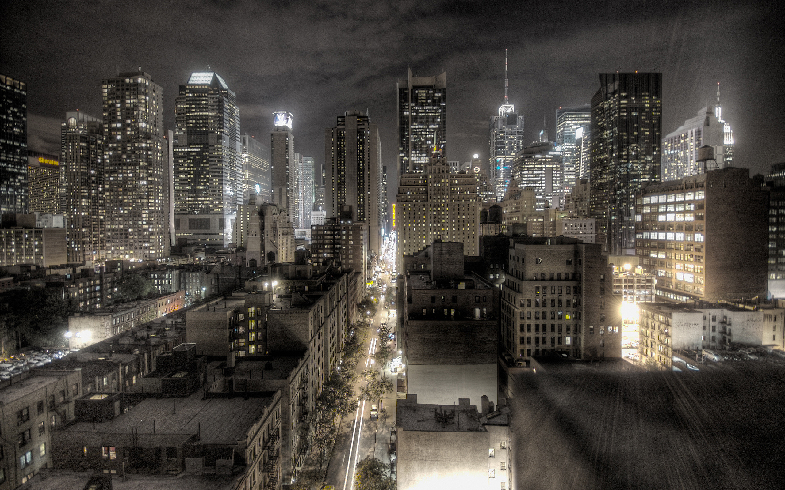 Manhattan, New York, Notte, Bianco e nero, 2K, sfondo per PC