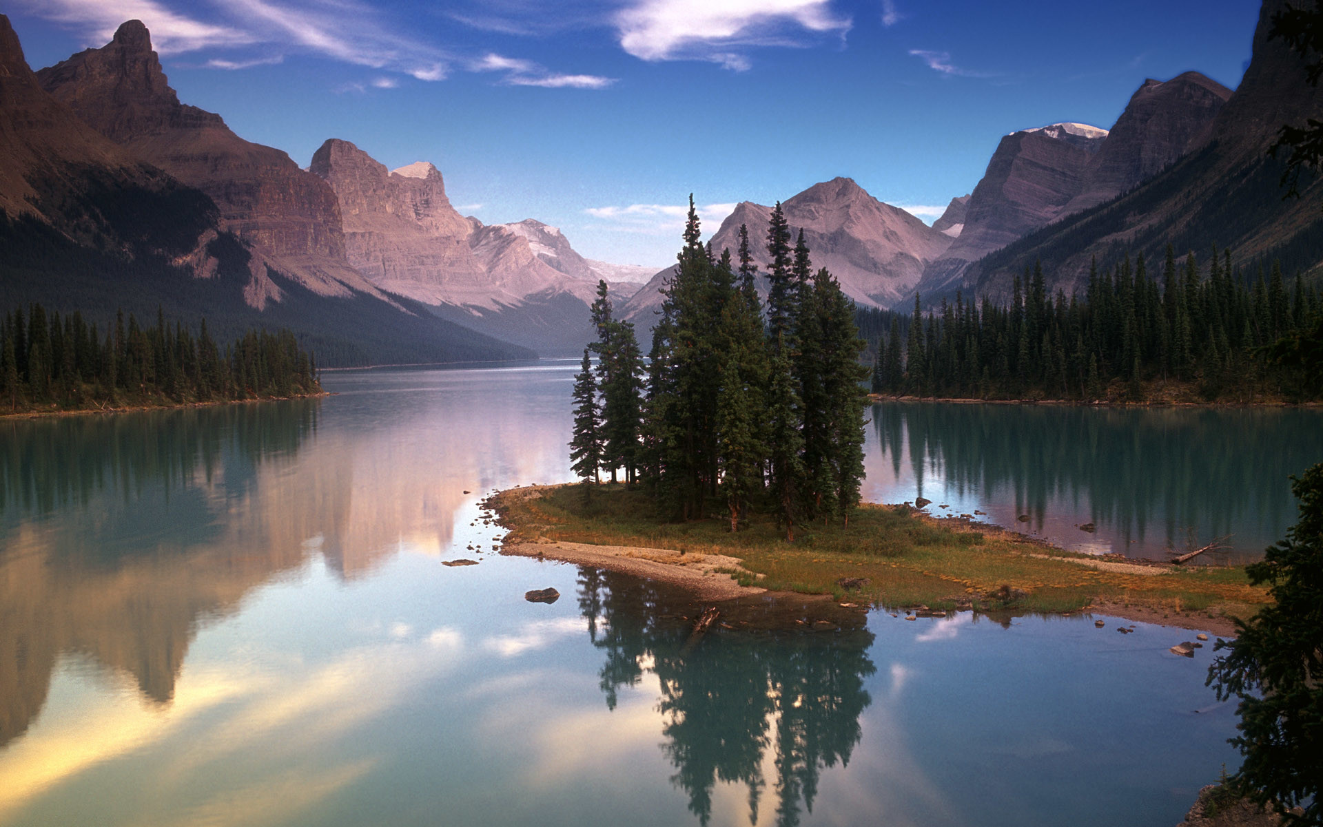 Spirit Island, Lago Maligne, Jasper, Canada, Montagne, Full HD, wallpaper Windows 7