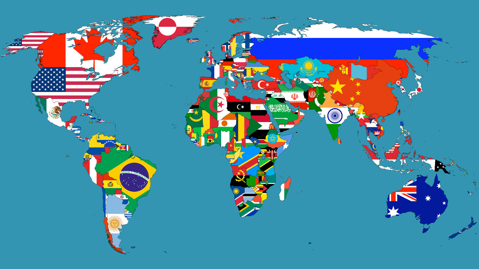 Mappa del mondo, Bandiere del mondo, Oceano azzurro, Full HD 1080p, sfondo desktop