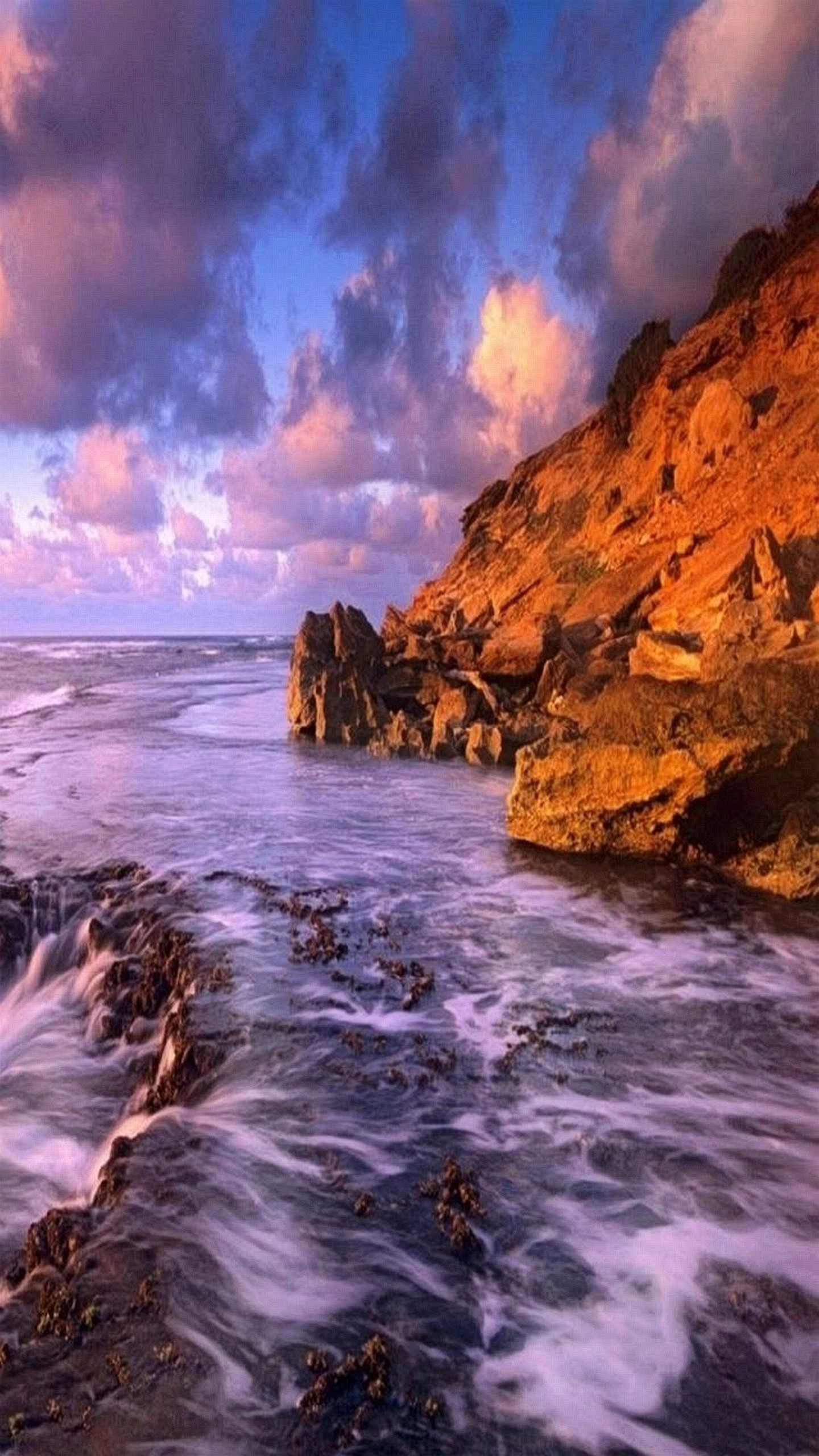 Scogliera, Onde, Tramonto, Costa, QHD+, sfondo verticale per cellulare