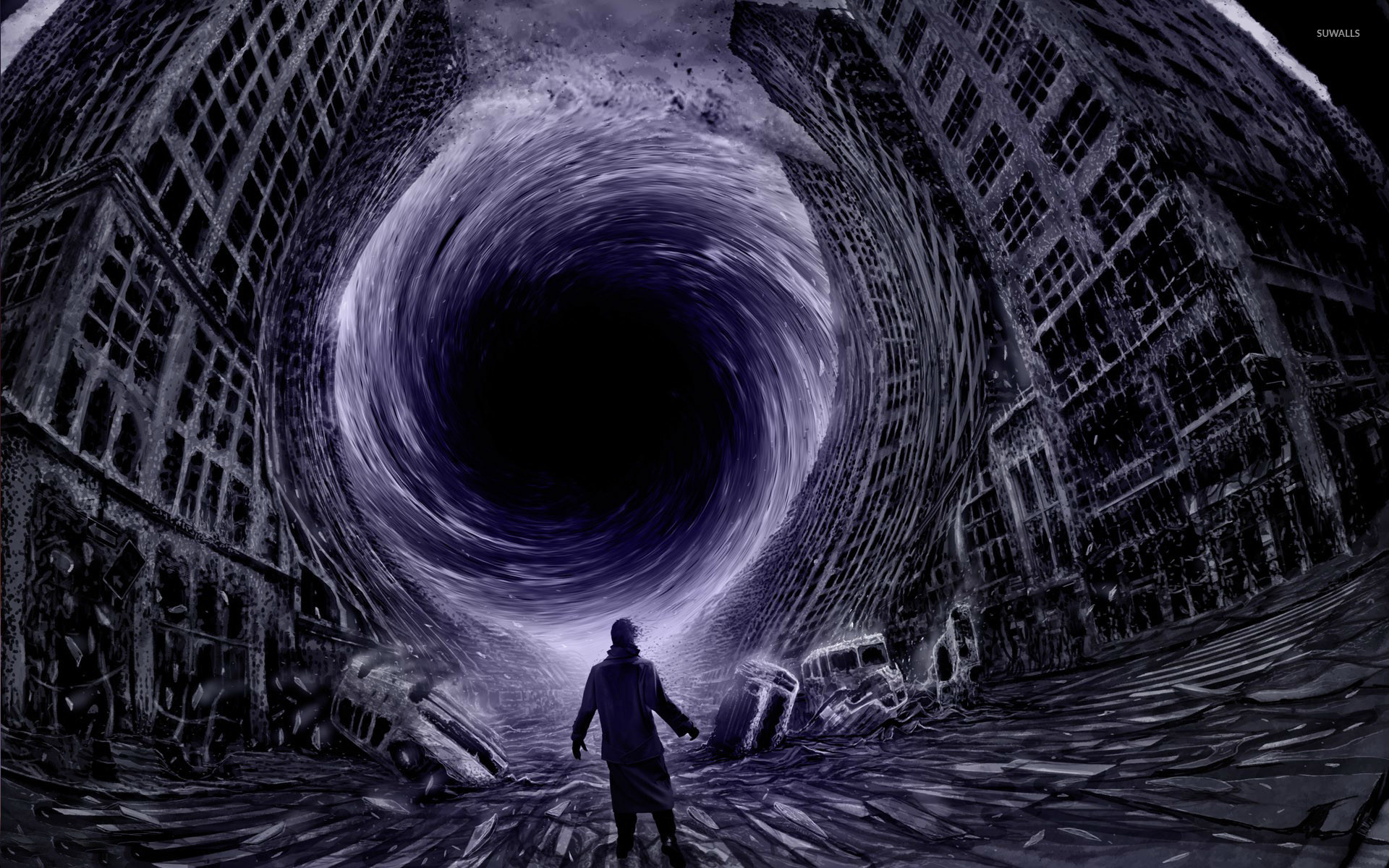 Buco nero, Città, Uomo, Surreale, Viola, 1920x1200, sfondo MacBook Pro