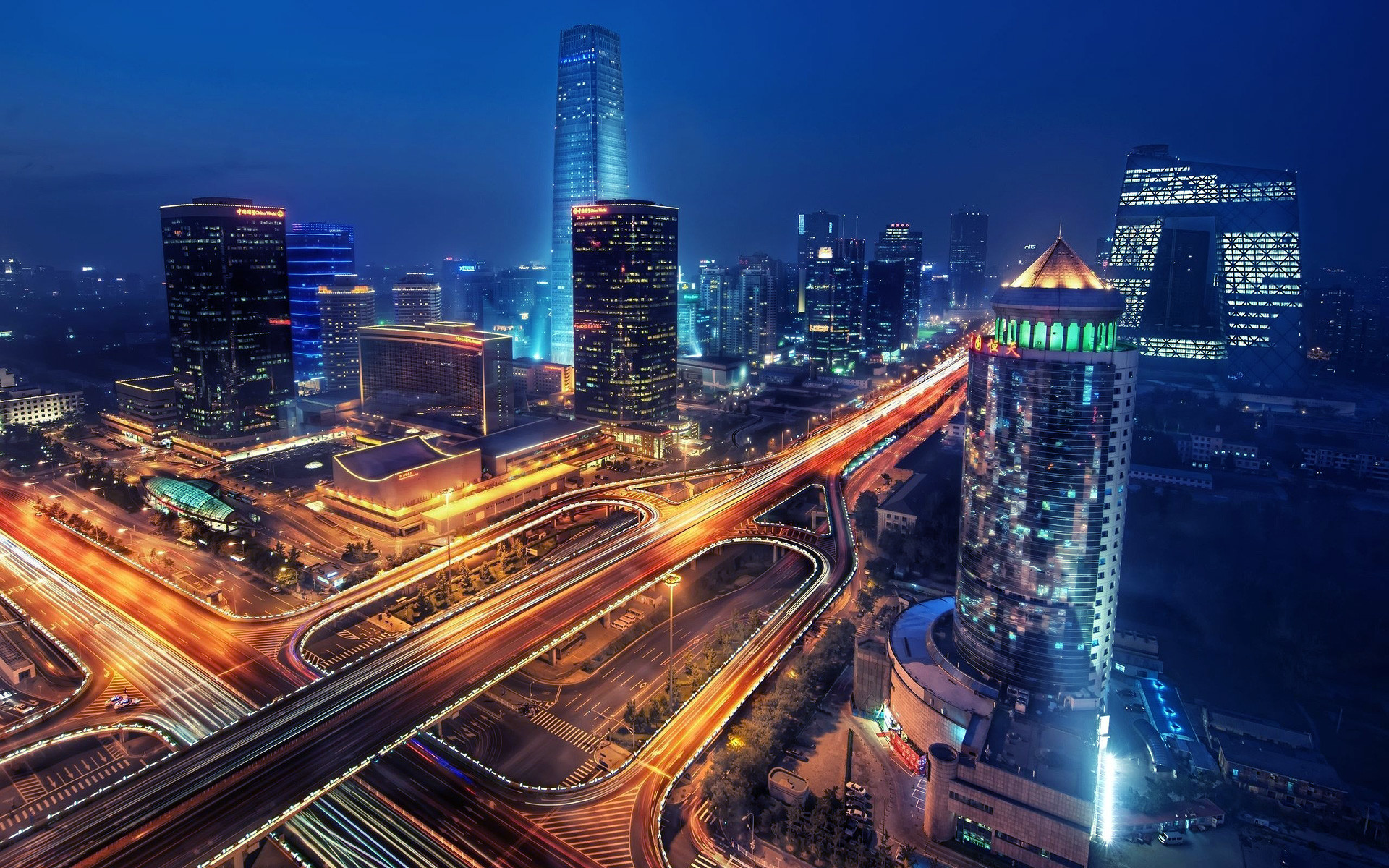 Pechino, China World Trade Center, Notte, Scie luminose, Grattacieli, sfondo per portatile