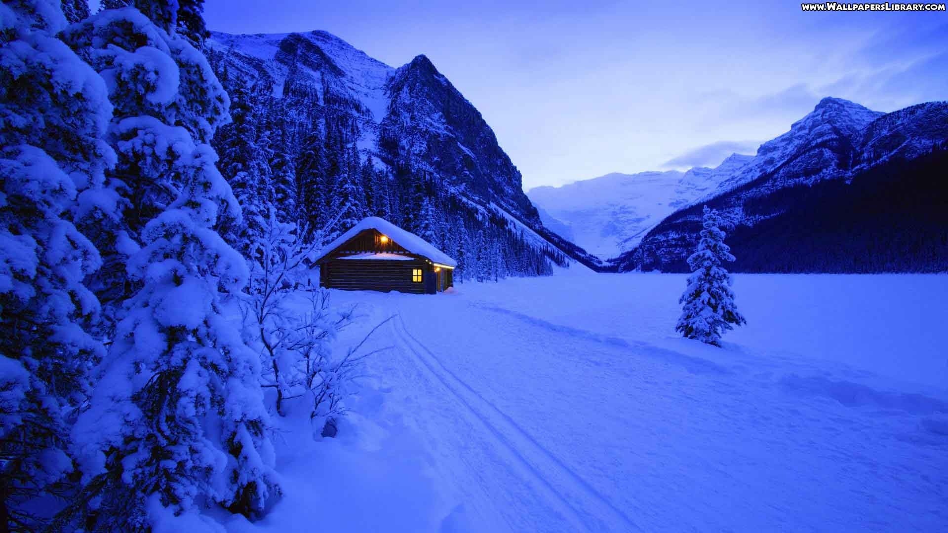 Lago Louise, Banff, Baita, Inverno, Crepuscolo, Full HD, sfondo desktop