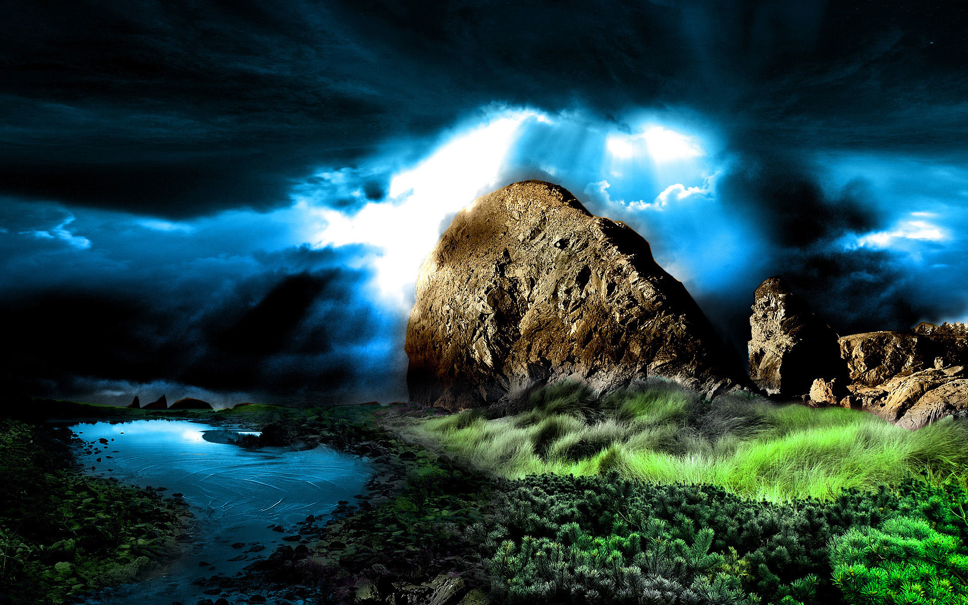 Paesaggio fantasy, Roccia, Cielo tempestoso, Erba verde, Full HD, sfondo per PC