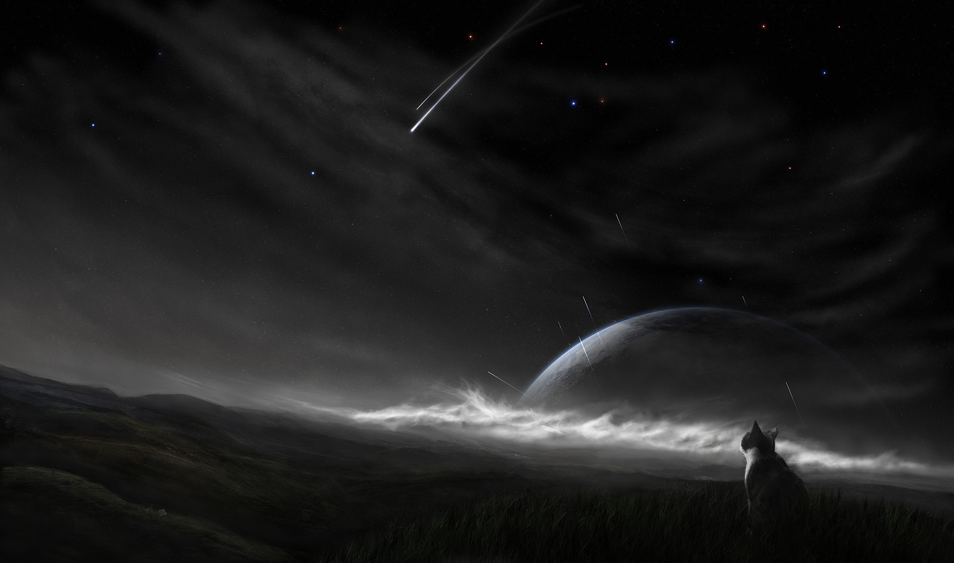 Gatto, Cielo notturno, Pianeta, Stella cadente, Arte digitale, Full HD, sfondo per portatile